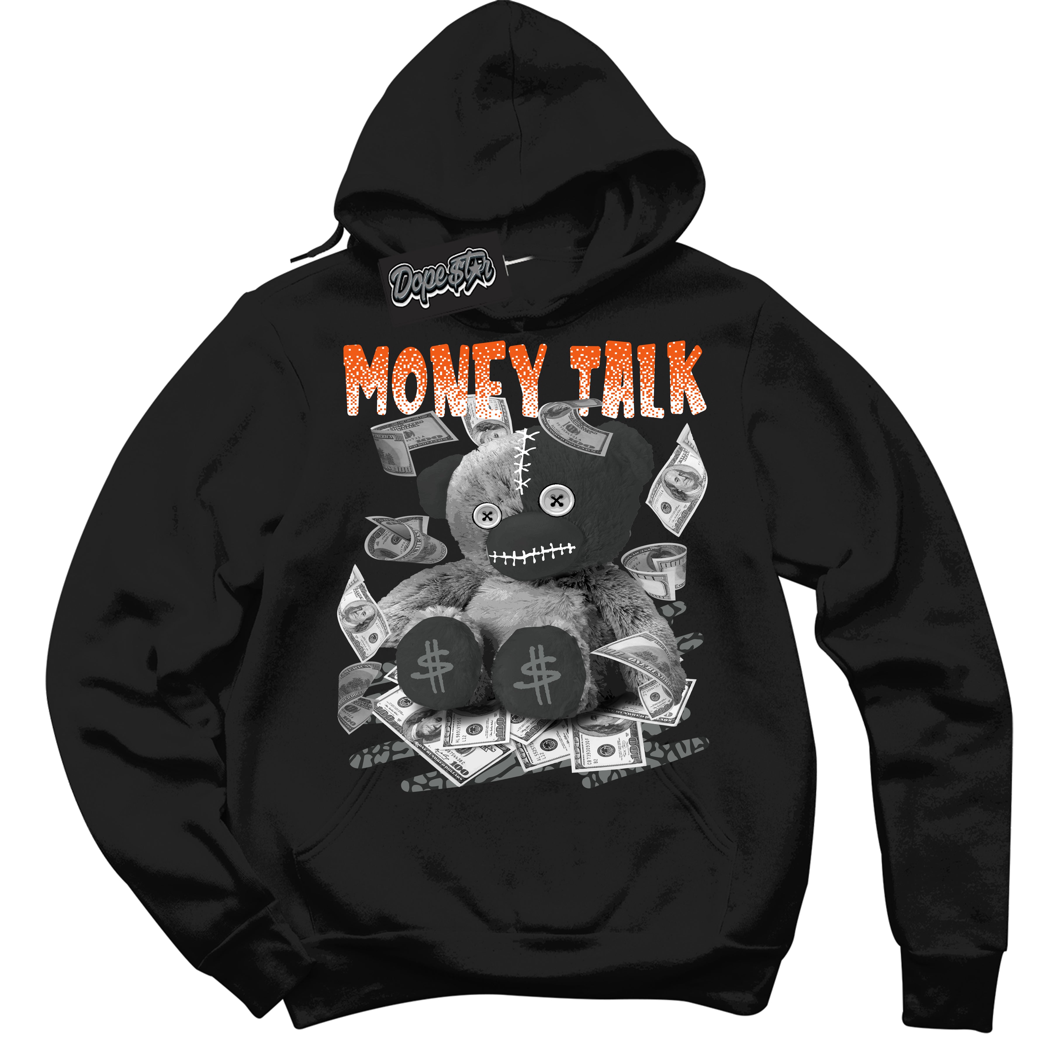 Cool Black Graphic DopeStar Hoodie with “  Money Talk Bear  “ print, that perfectly matches Fear Pack 3s sneakers