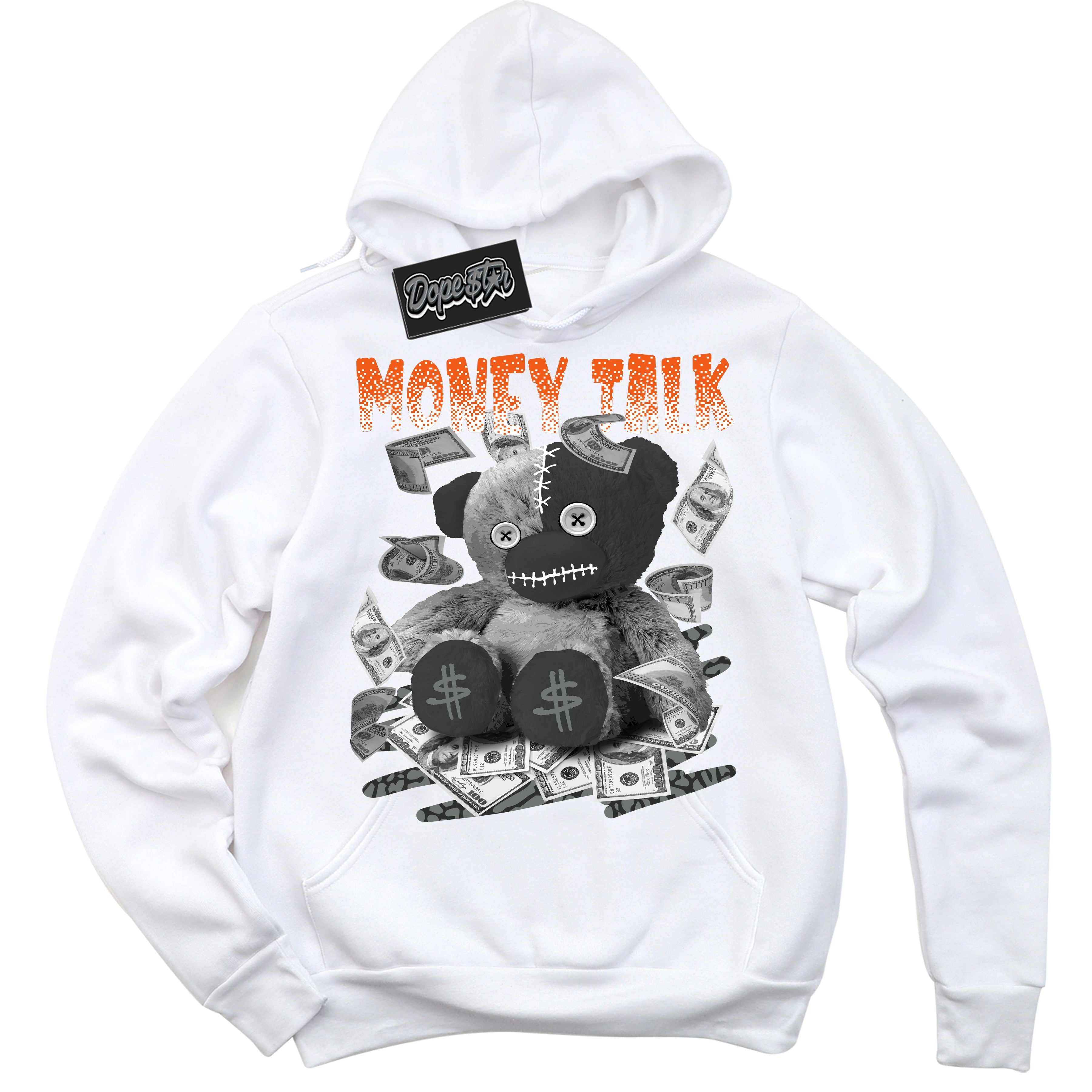 Cool White Graphic DopeStar Hoodie with “  Money Talk Bear “ print, that perfectly matches Fear Pack 3s sneakers