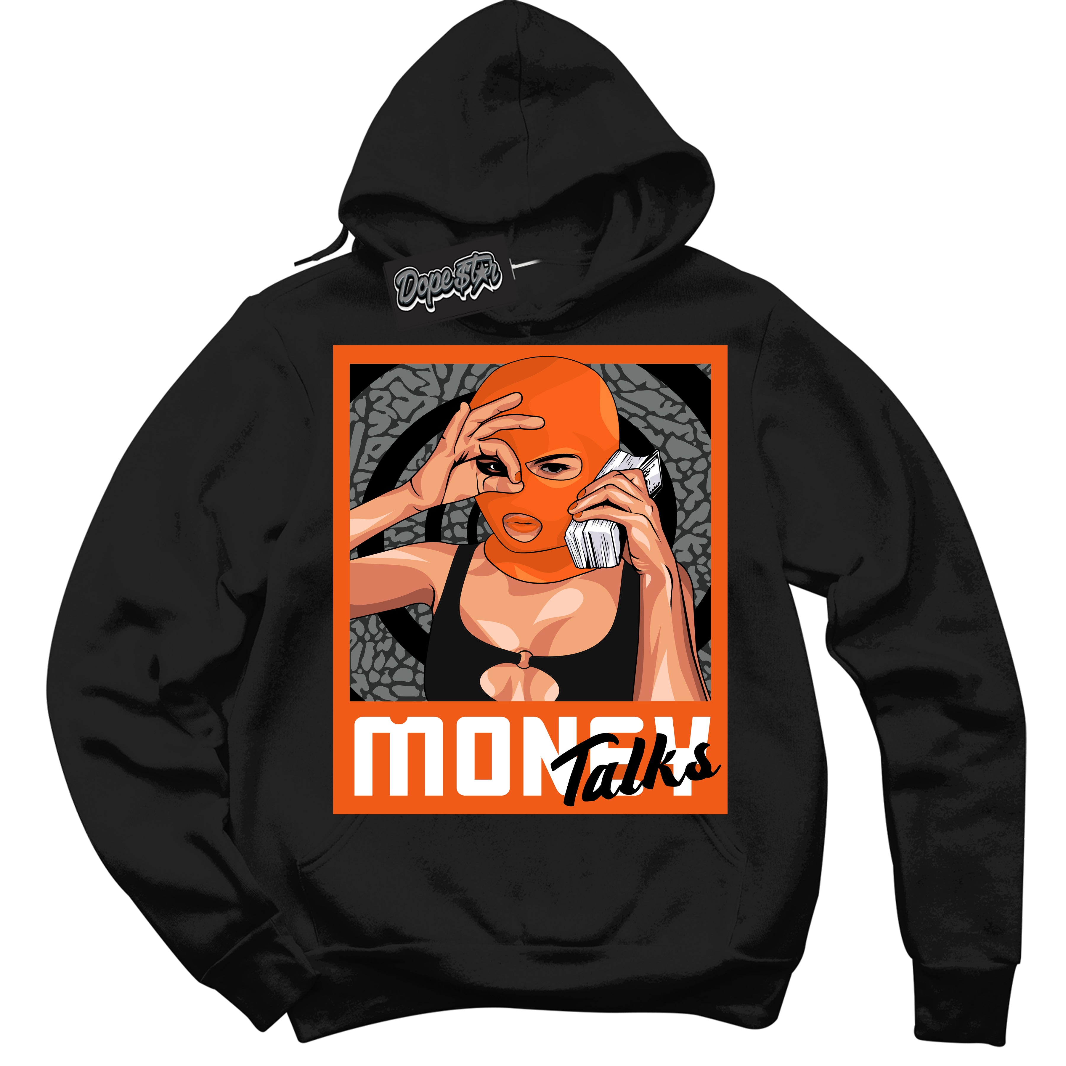Cool Black Graphic DopeStar Hoodie with “  Money Talks  “ print, that perfectly matches Fear Pack 3s sneakers