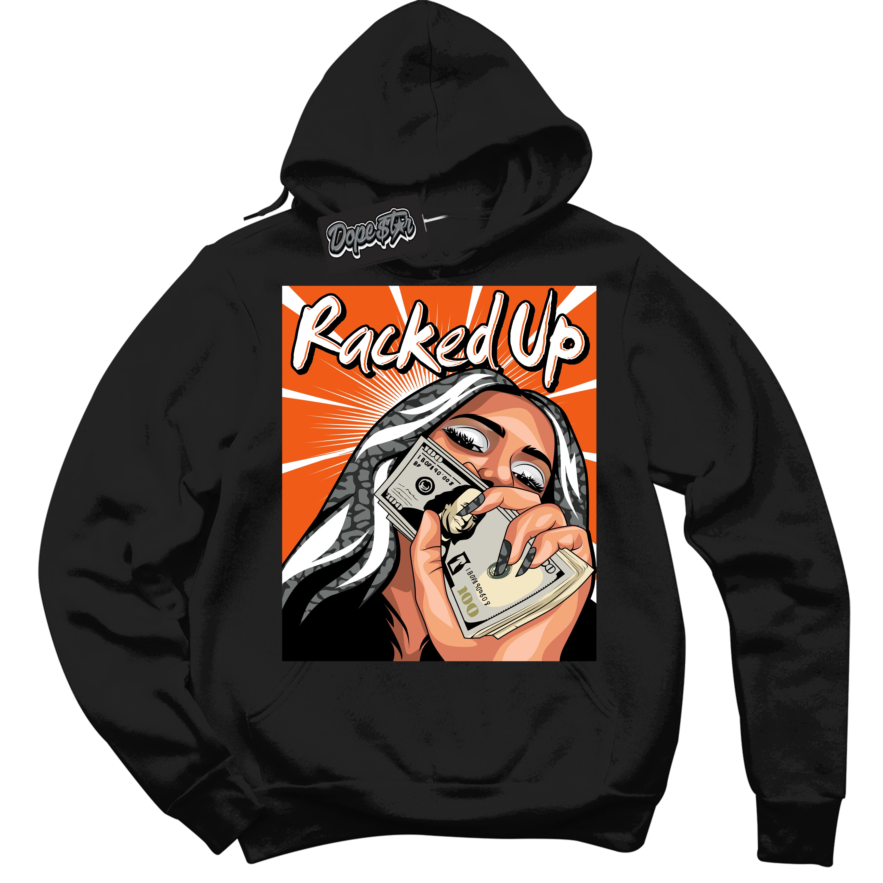 Cool Black Graphic DopeStar Hoodie with “  Racked Up  “ print, that perfectly matches Fear Pack 3s sneakers