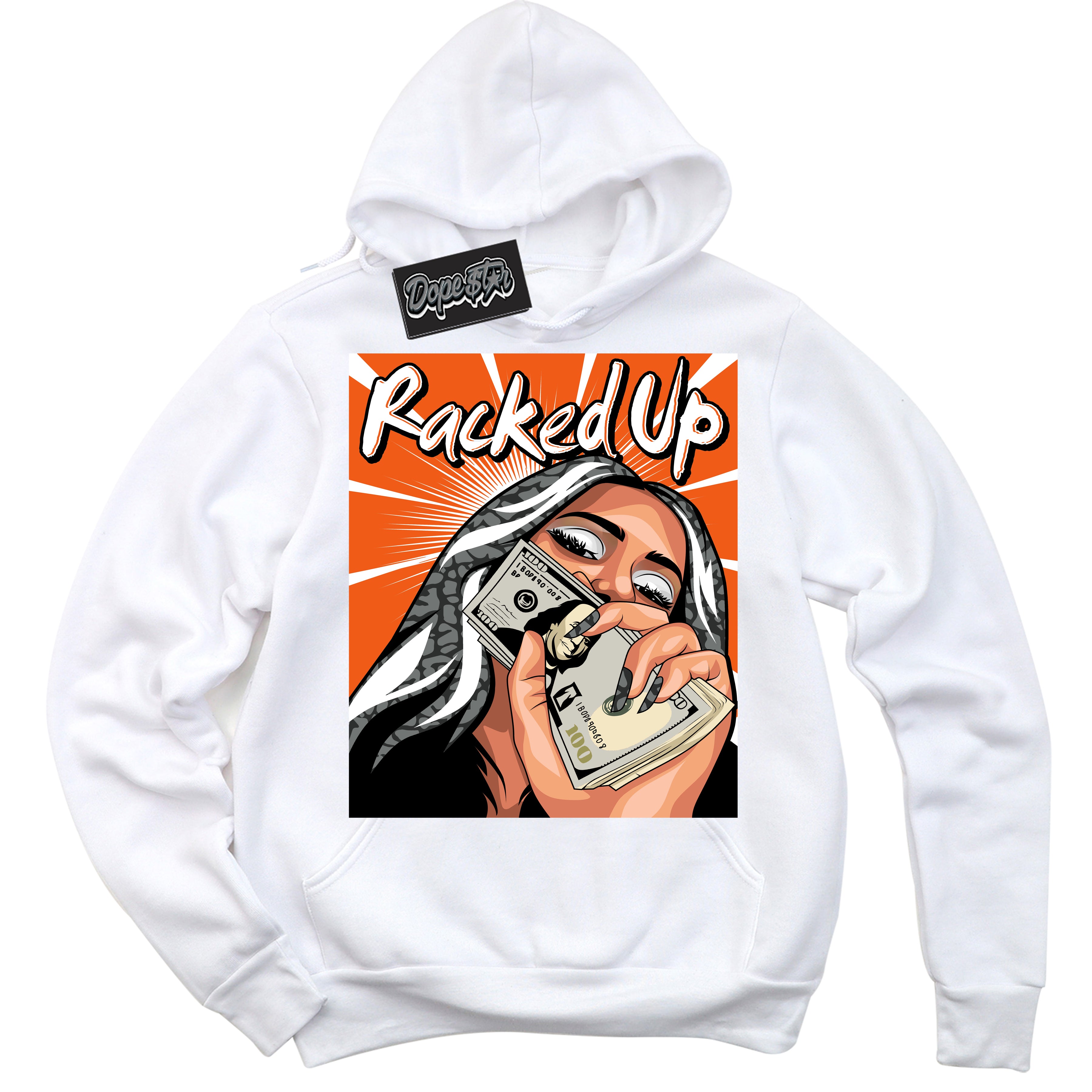 Cool White Graphic DopeStar Hoodie with “  Racked Up “ print, that perfectly matches Fear Pack 3s sneakers