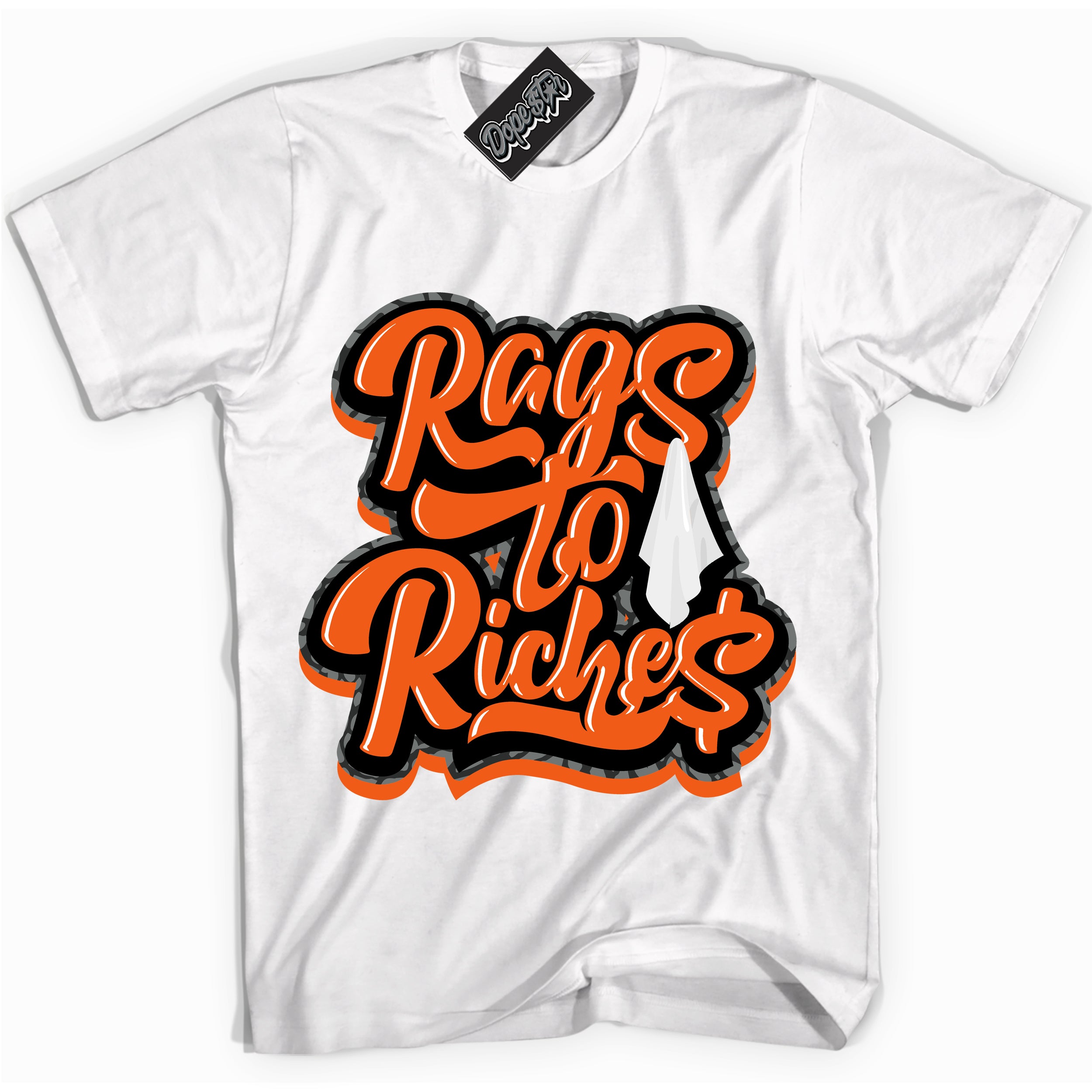 Cool White graphic tee with “ Rags To Riches ” design, that perfectly matches Fear Pack 3s sneakers