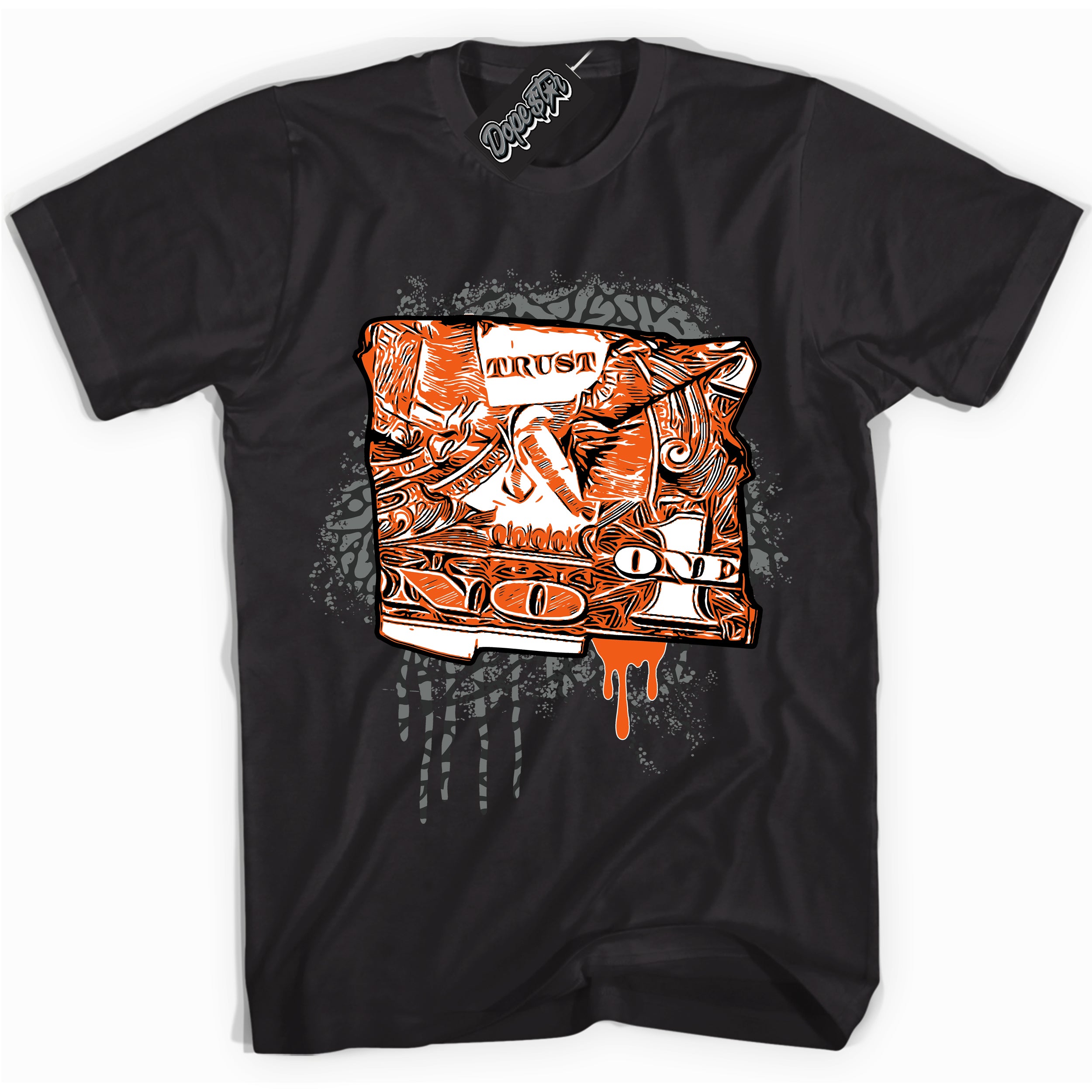 Cool Black graphic tee with “ Trust No One Dollar ” design, that perfectly matches Fear Pack 3s sneakers