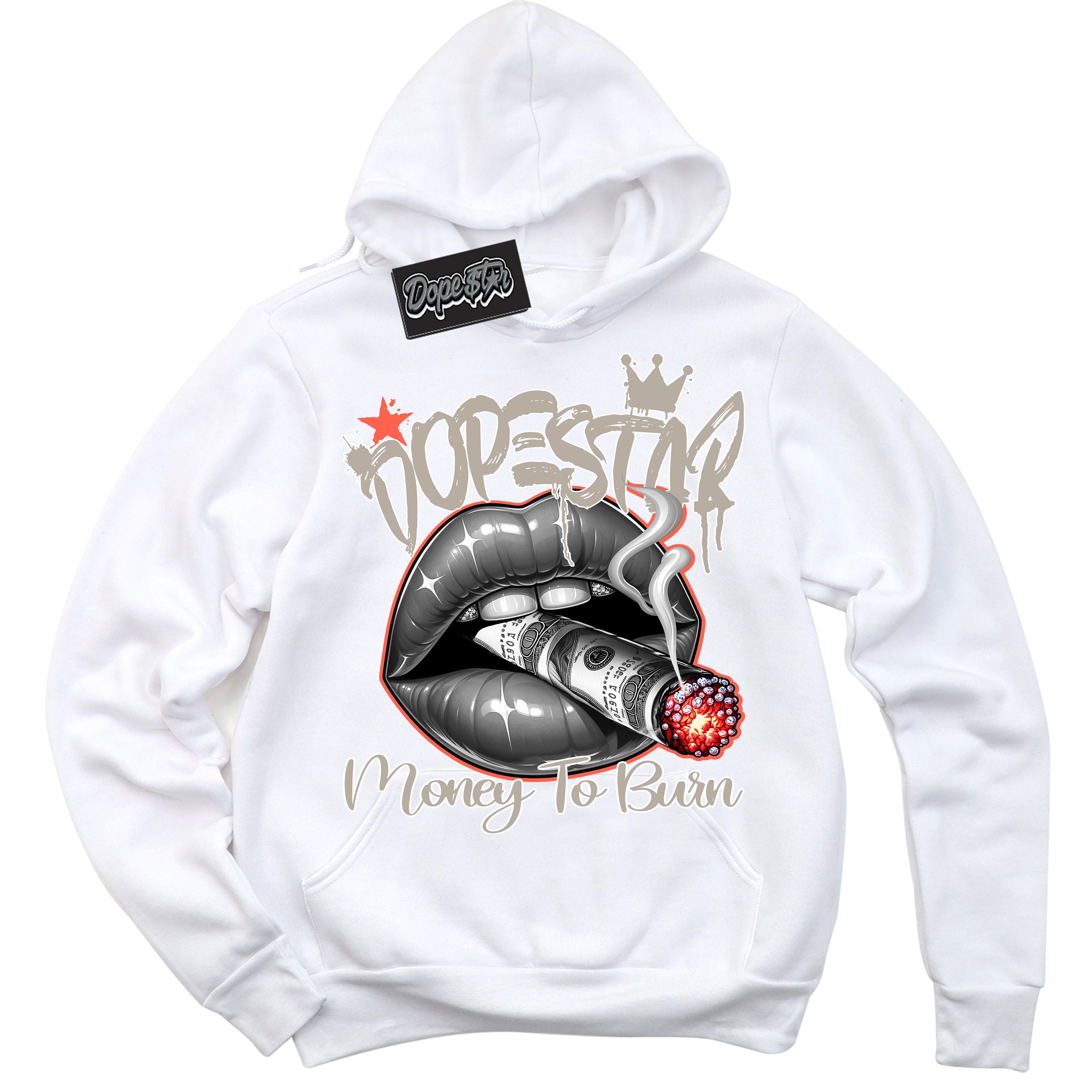 Cool White Hoodie with “ Money To Burn ”  design that Perfectly Matches Georgia Peach 3s Sneakers.
