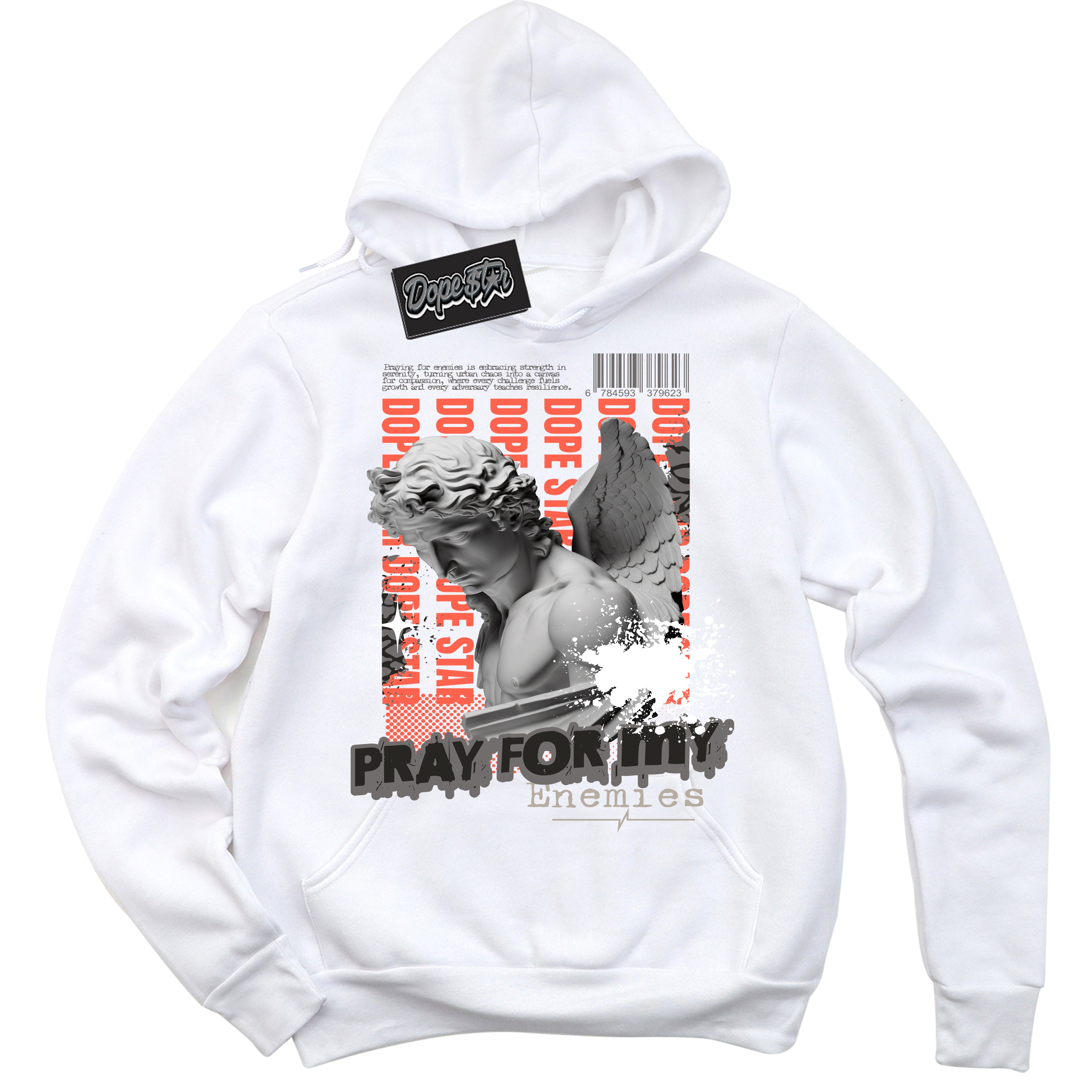 Cool White Hoodie with “ Pray Enemies ”  design that Perfectly Matches Georgia Peach 3s Sneakers.