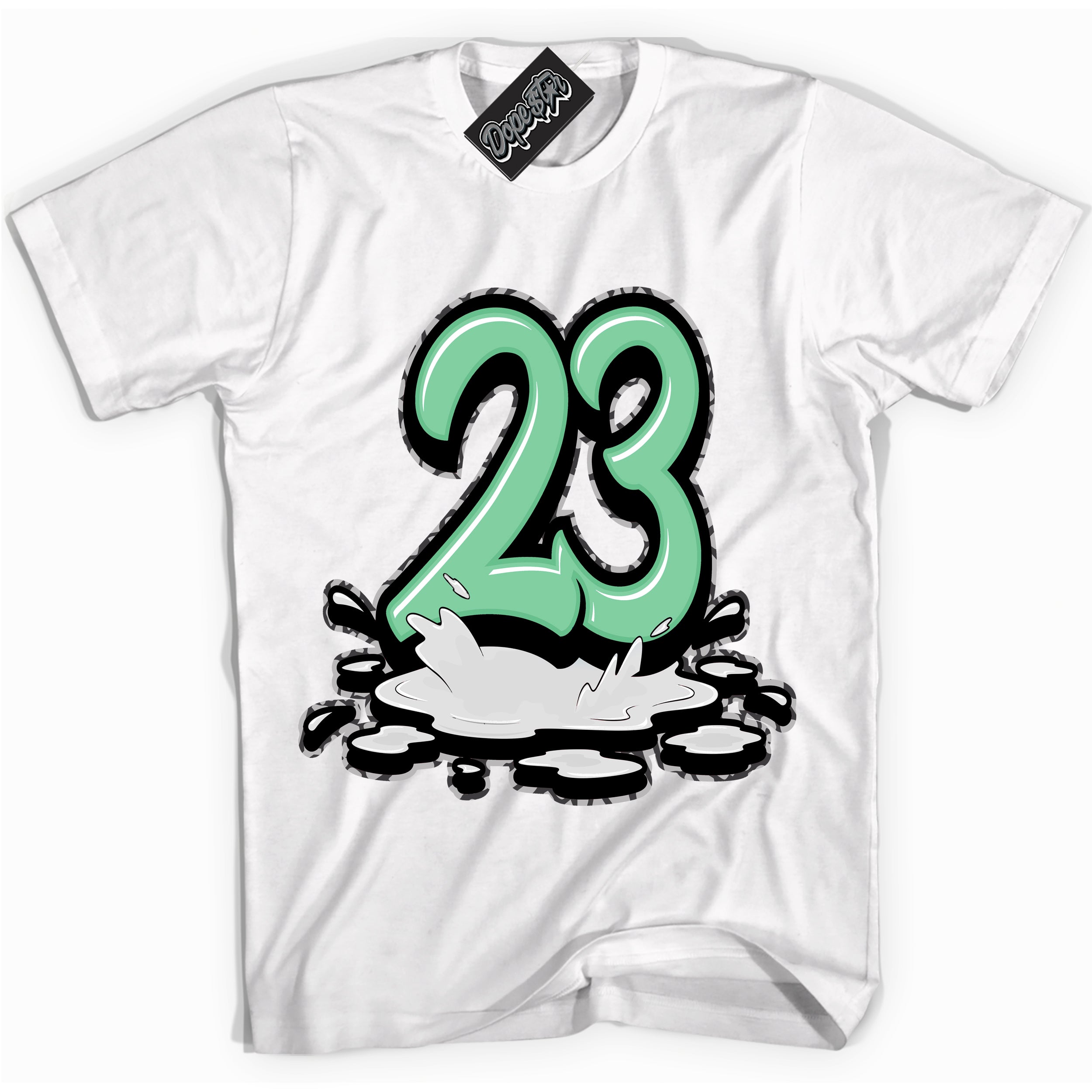 Cool White graphic tee with “ 23 Melting ” design, that perfectly matches Green Glow 3s sneakers