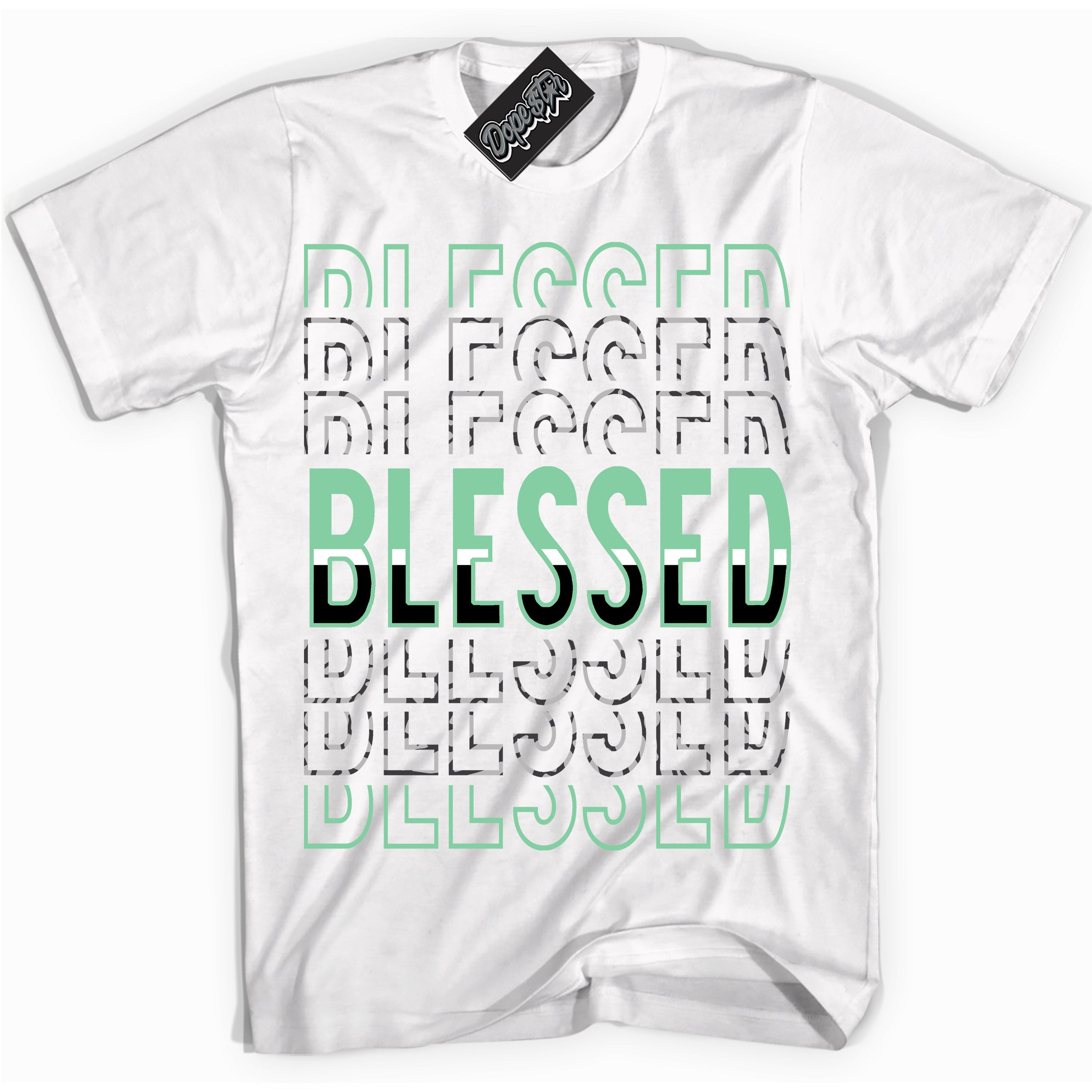 Cool White graphic tee with “ Blessed Stacked ” design, that perfectly matches Green Glow 3s sneakers