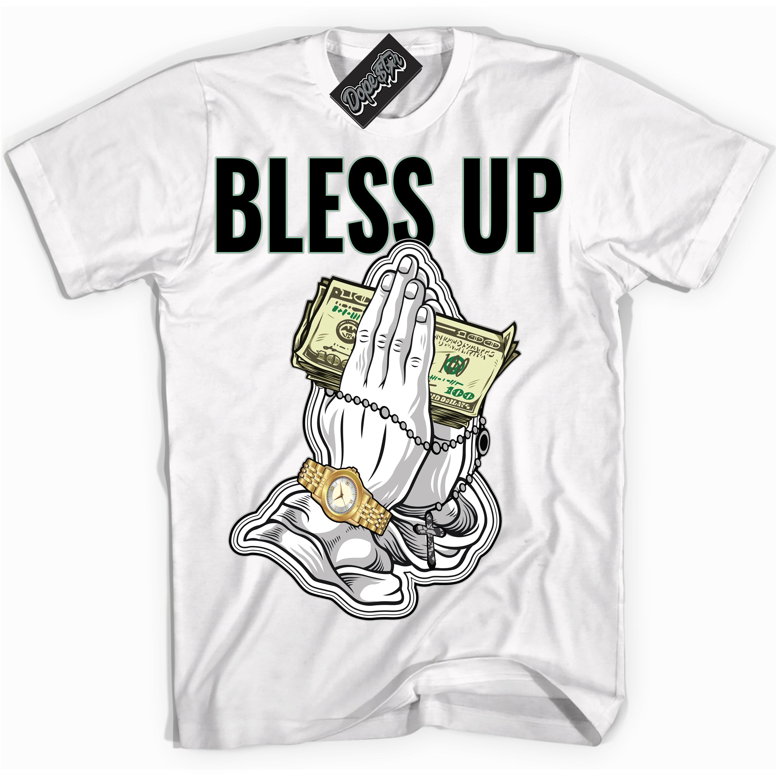 Cool White graphic tee with “ Bless Up ” design, that perfectly matches Green Glow 3s sneakers