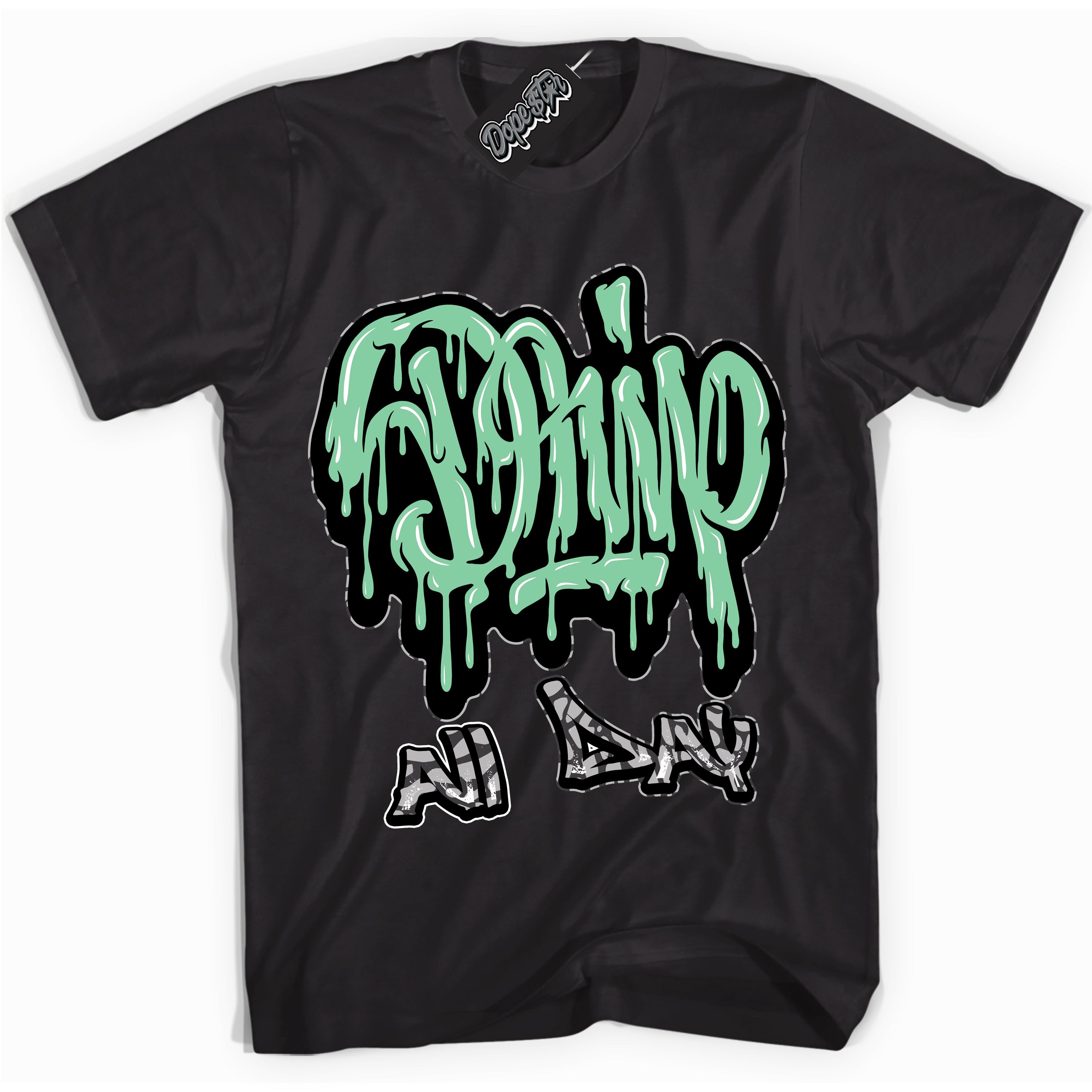 Cool Black graphic tee with “ Drip All Day ” design, that perfectly matches Green Glow 3s sneakers
