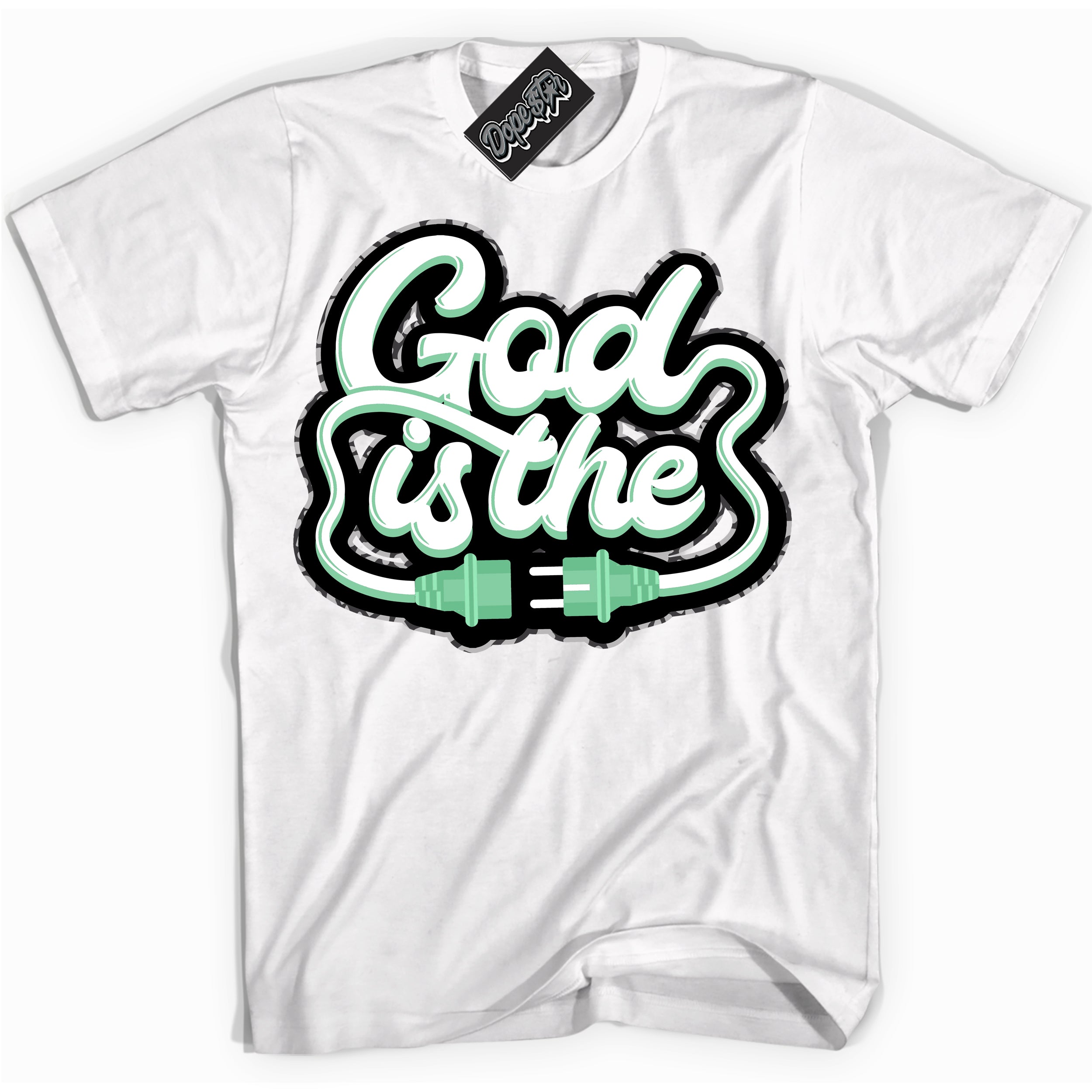 Cool White graphic tee with “ God Is The ” design, that perfectly matches Green Glow 3s sneakers