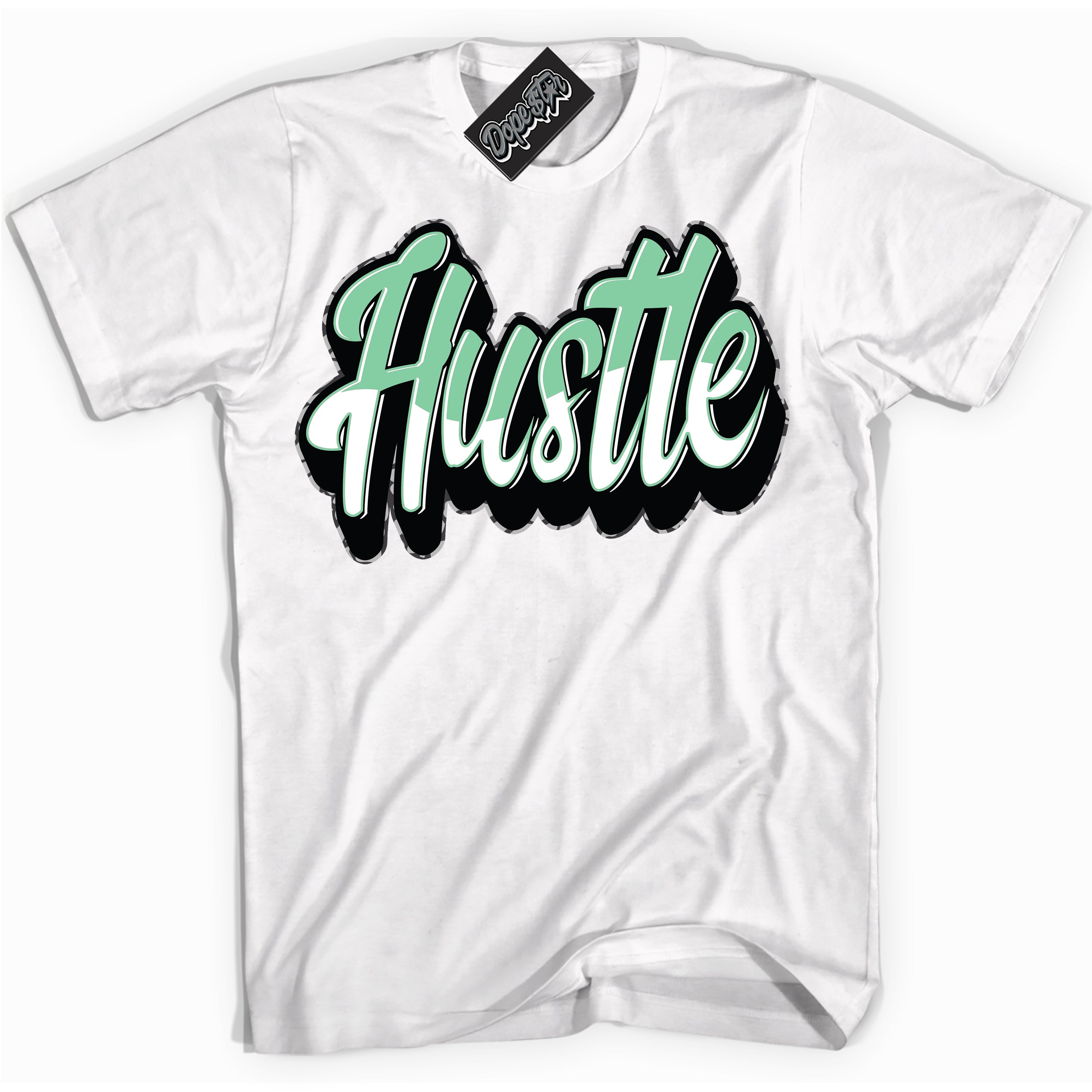 Cool White graphic tee with “ Hustle 2 ” design, that perfectly matches Green Glow 3s sneakers