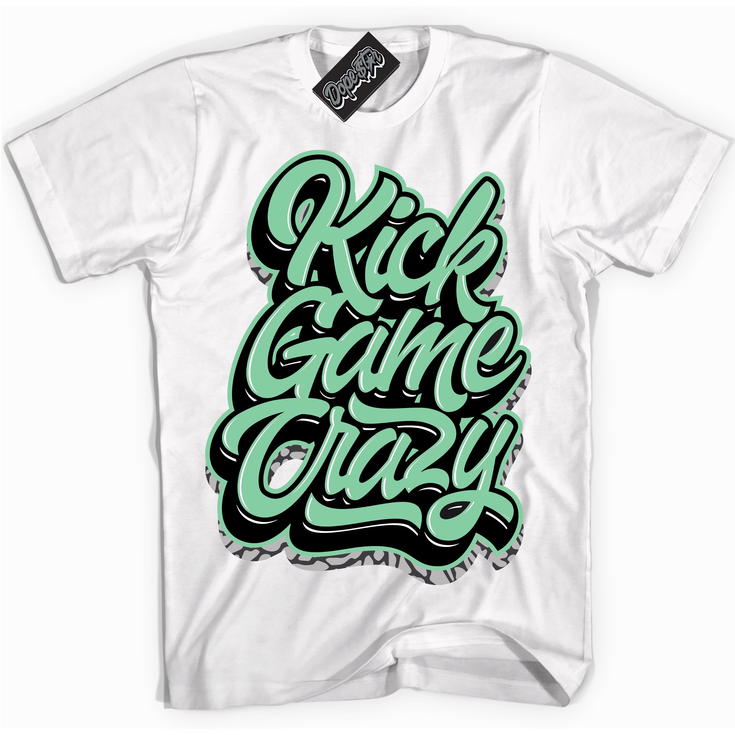 Cool White graphic tee with “ Kick Game Crazy ” design, that perfectly matches Green Glow 3s sneakers