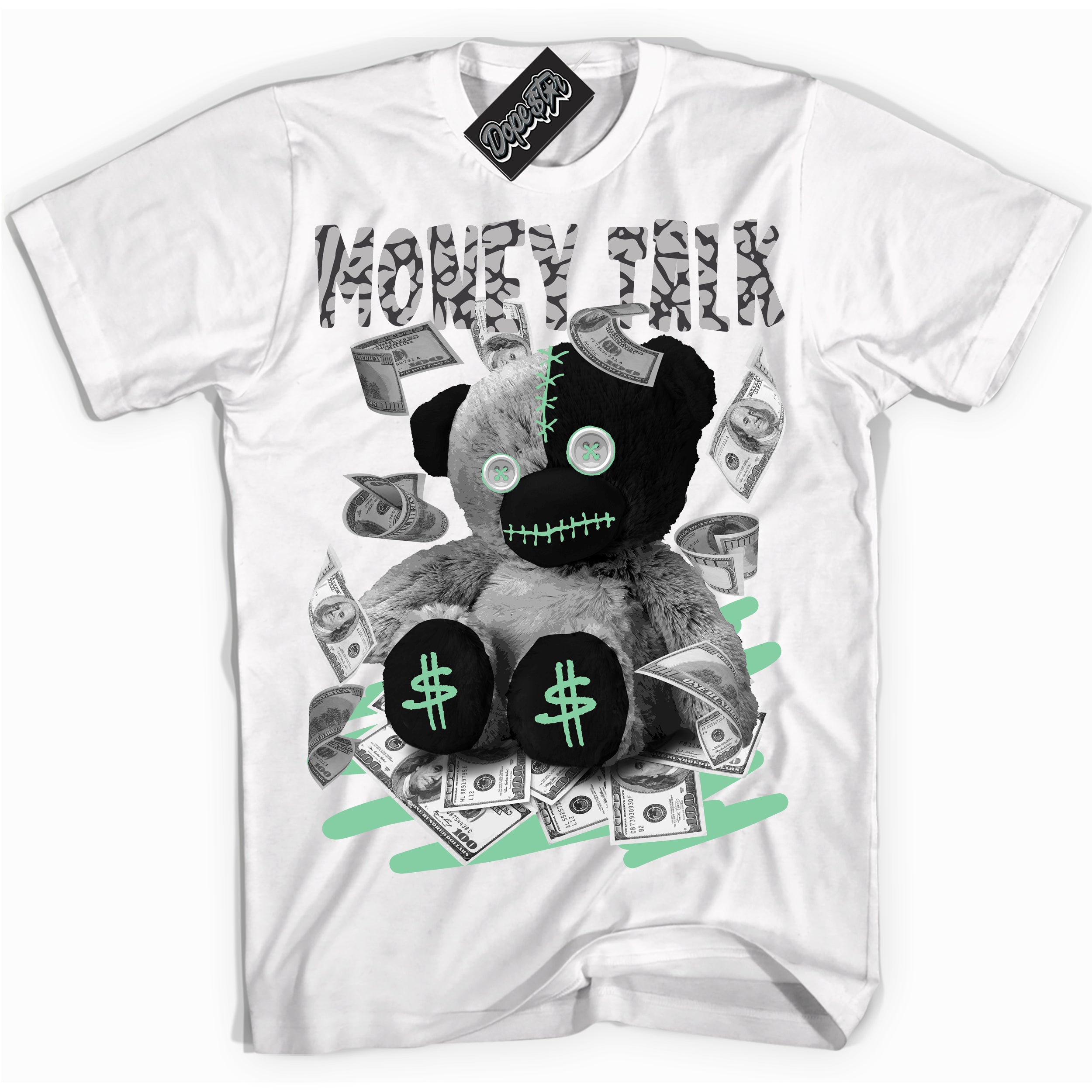 Cool White graphic tee with “ Money Talk Bear ” design, that perfectly matches Green Glow 3s sneakers