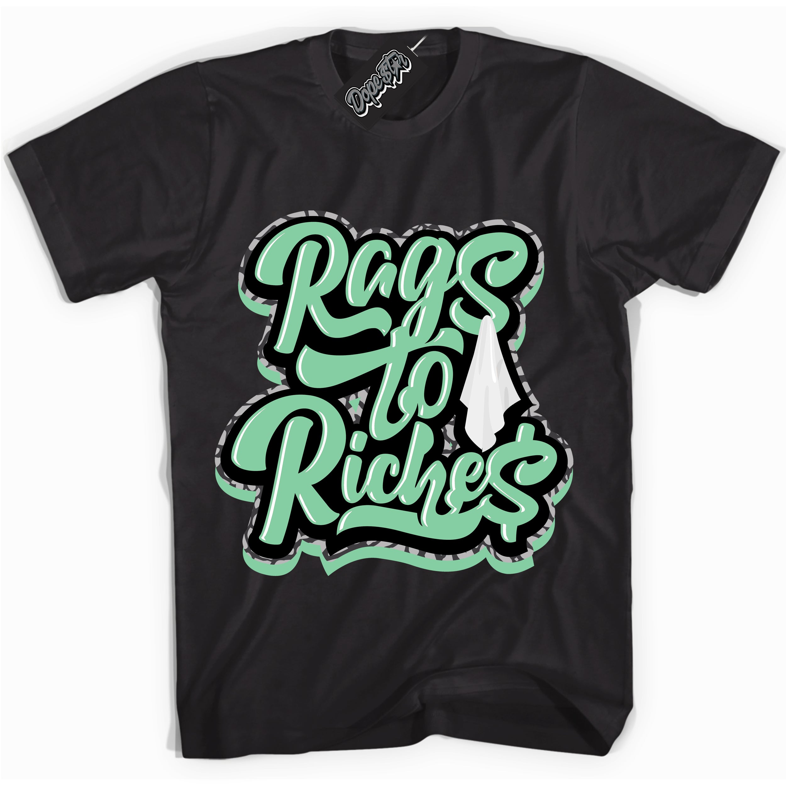 Cool Black graphic tee with “ Rags To Riches ” design, that perfectly matches Green Glow 3s sneakers
