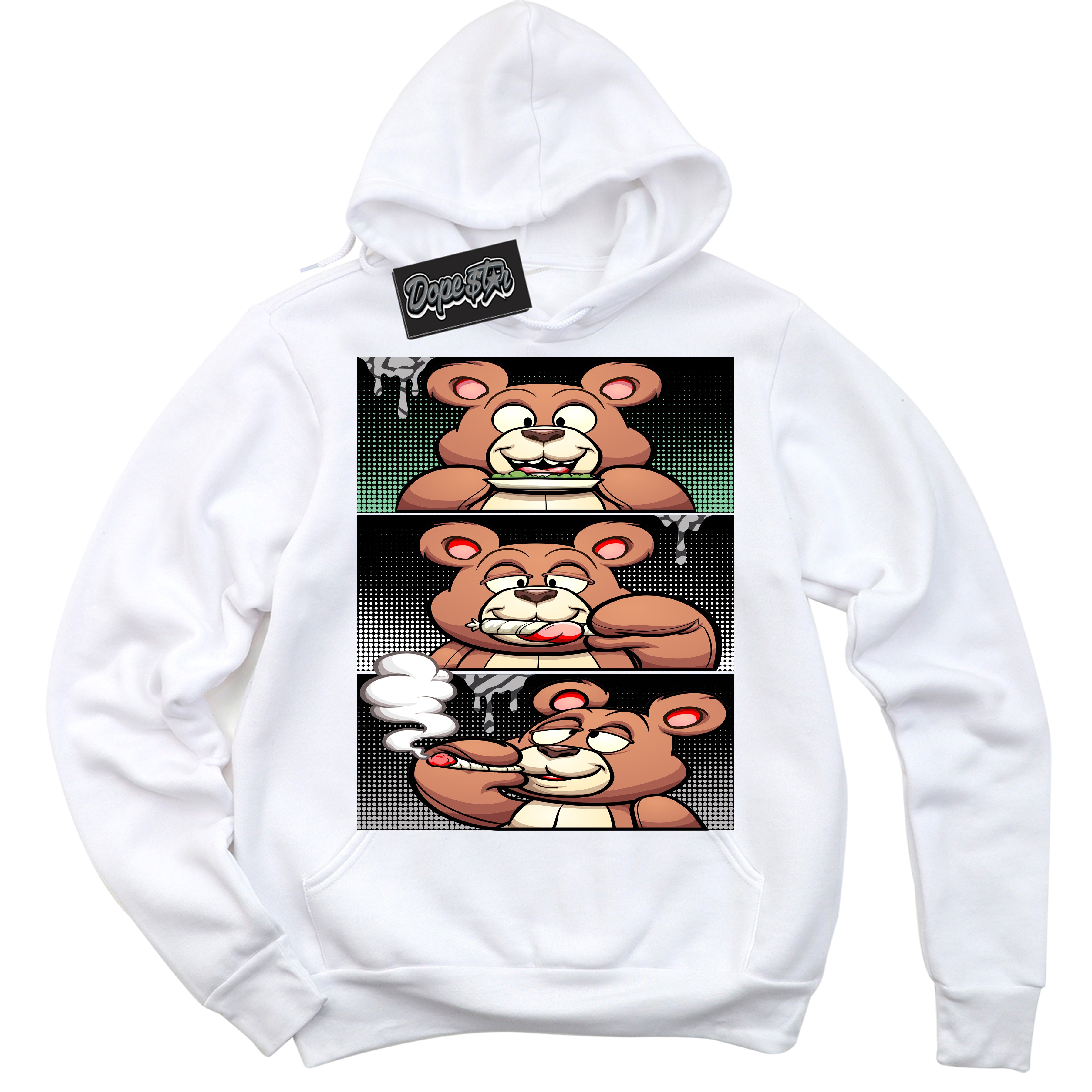 Cool White Graphic DopeStar Hoodie with “ Roll It Lick It Smoke It Bear “ print, that perfectly matches Green Glow 3s sneakers