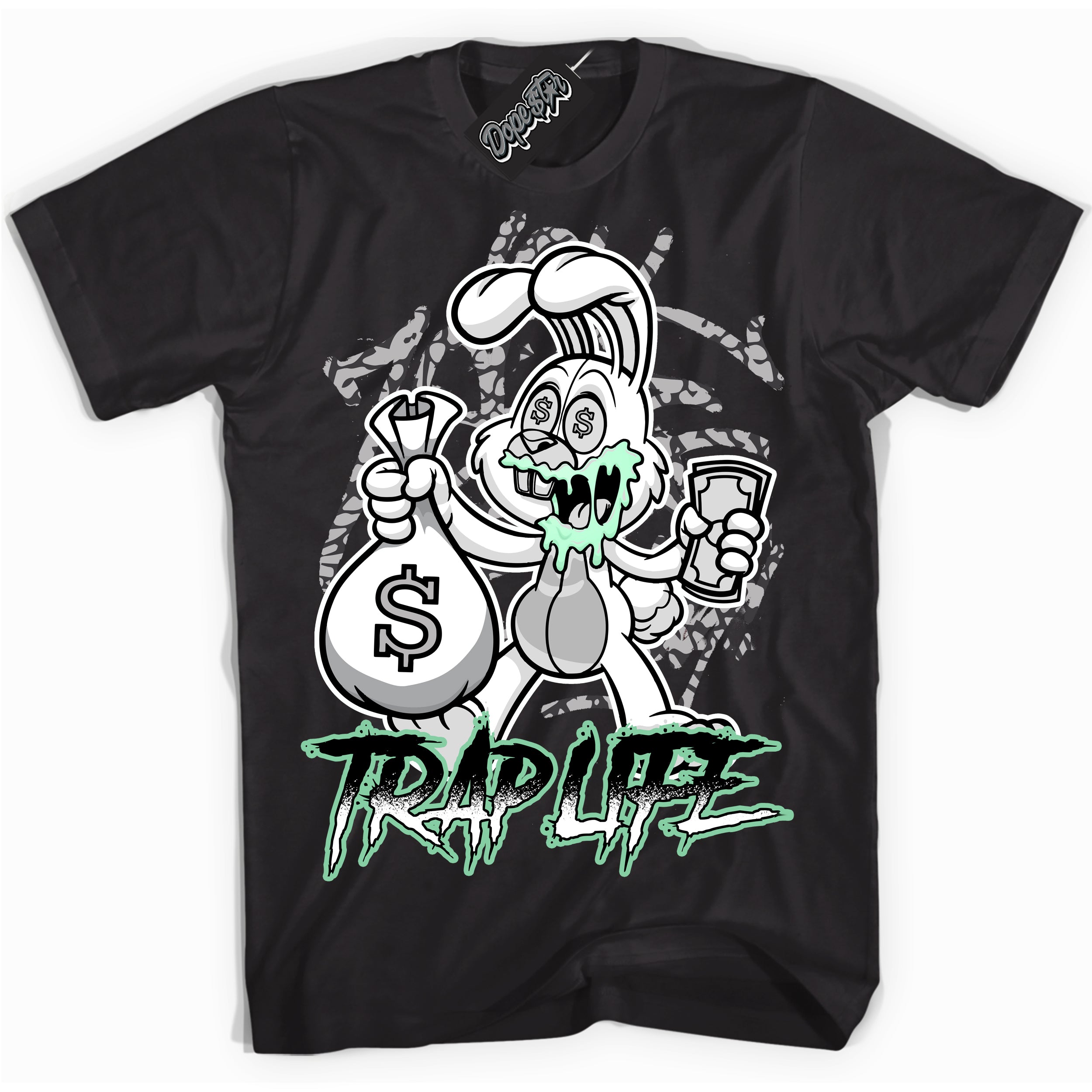 Cool Black graphic tee with “ Trap Rabbit ” design, that perfectly matches Green Glow 3s sneakers