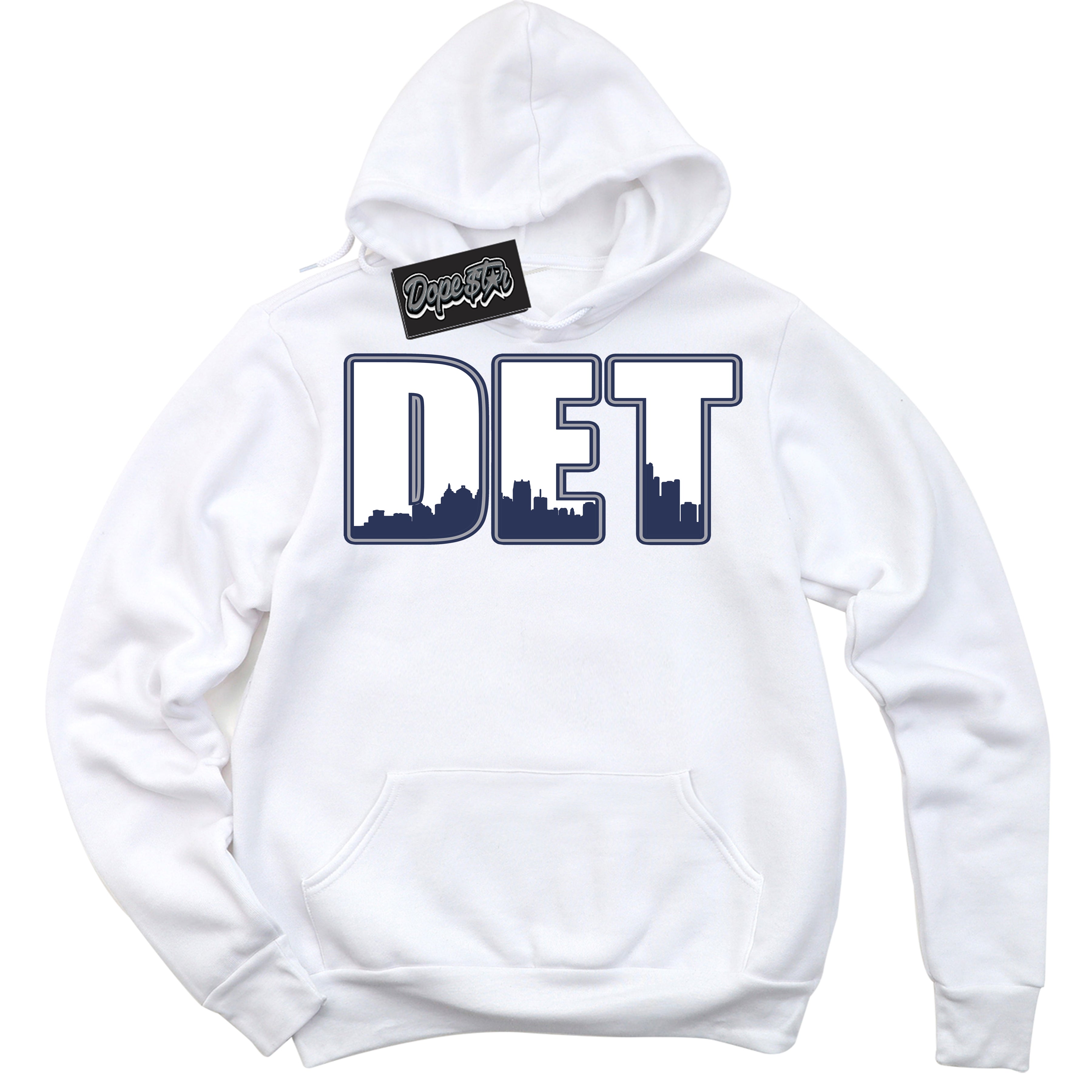 AJ3 Retro Midnight Navy 'Detroit' Hoodie- White Streetwear Mockup | Sneakerhead Hoodie Matching Midnight Navy AJ3 Retro | Jordan 3 Retro Midnight Navy hoodie for Men & Women | Matching outfits with your Midnight Navy 3s Kicks | Sneakerhead Fashion Must-Have.
