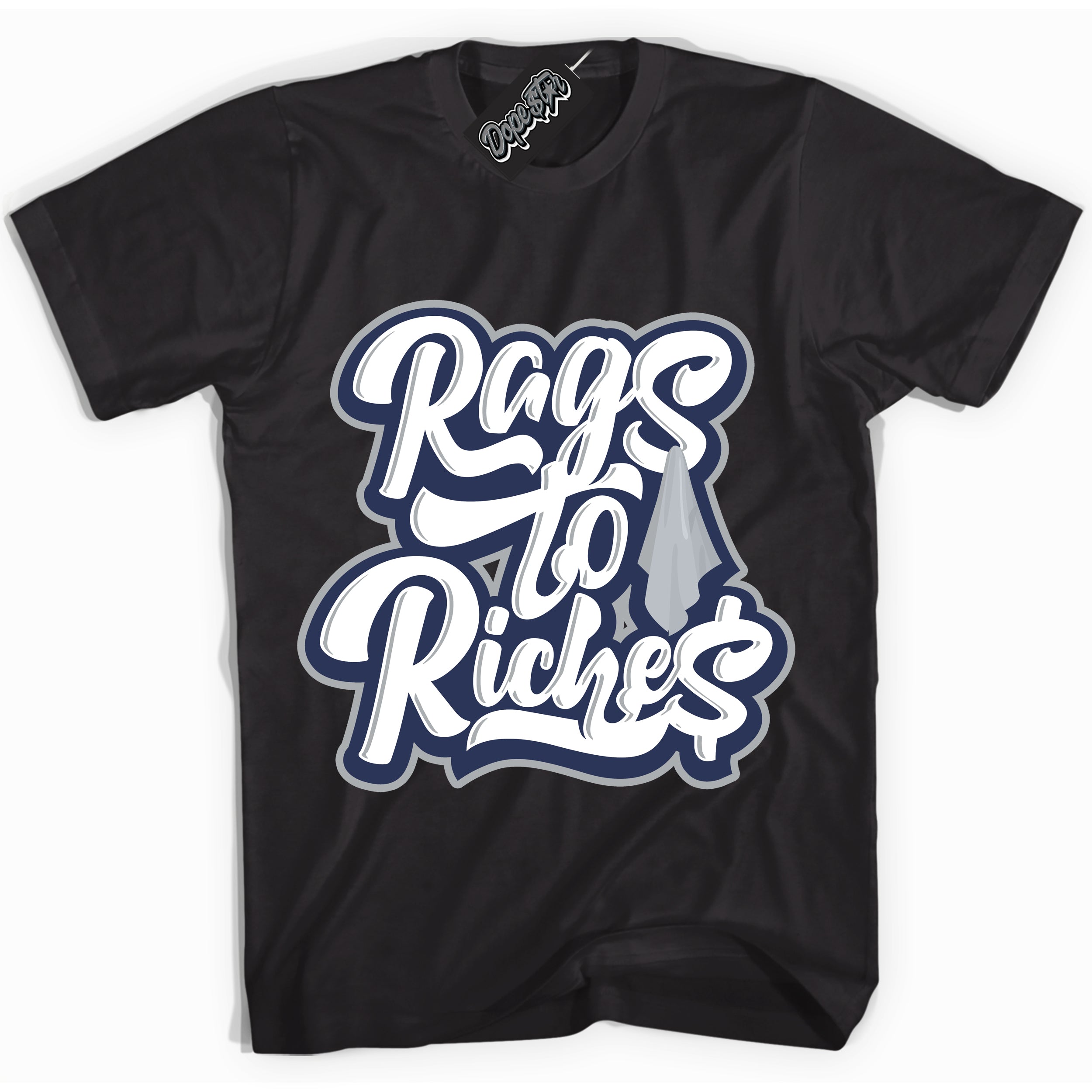 AJ3 Retro Midnight Navy 'Rags To Riches' Shirt - Black Streetwear Mockup | Sneakerhead T-shirt Matching Midnight Navy AJ3 Retro| Jordan 3 Retro Midnight Navy Shirt for Men & Women | Matching outfits with your Midnight Navy 3s Kicks | Sneakerhead Fashion Must-Have.