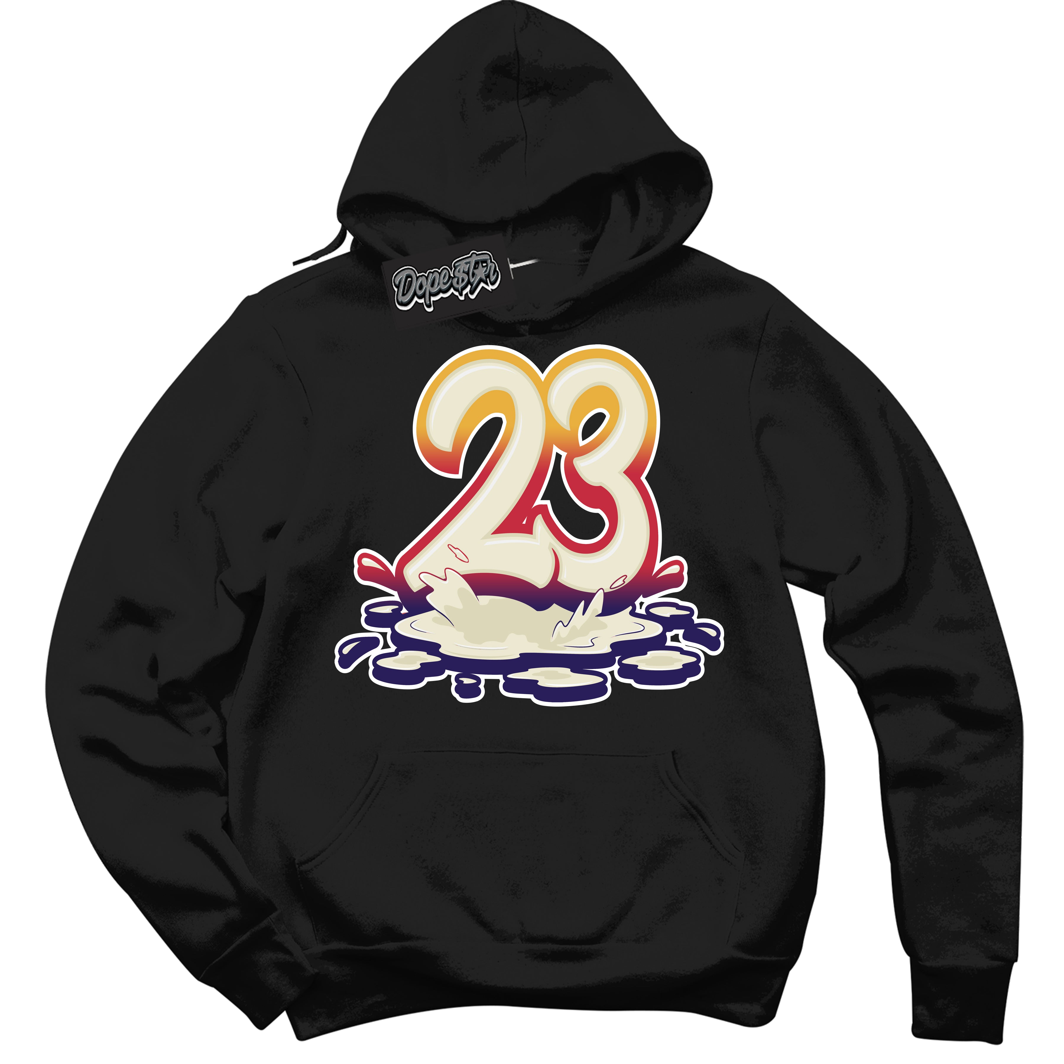 Cool Black Hoodie with “ 23 Melting ”  design that Perfectly Matches J Balvin Sunset 3s Jordans.