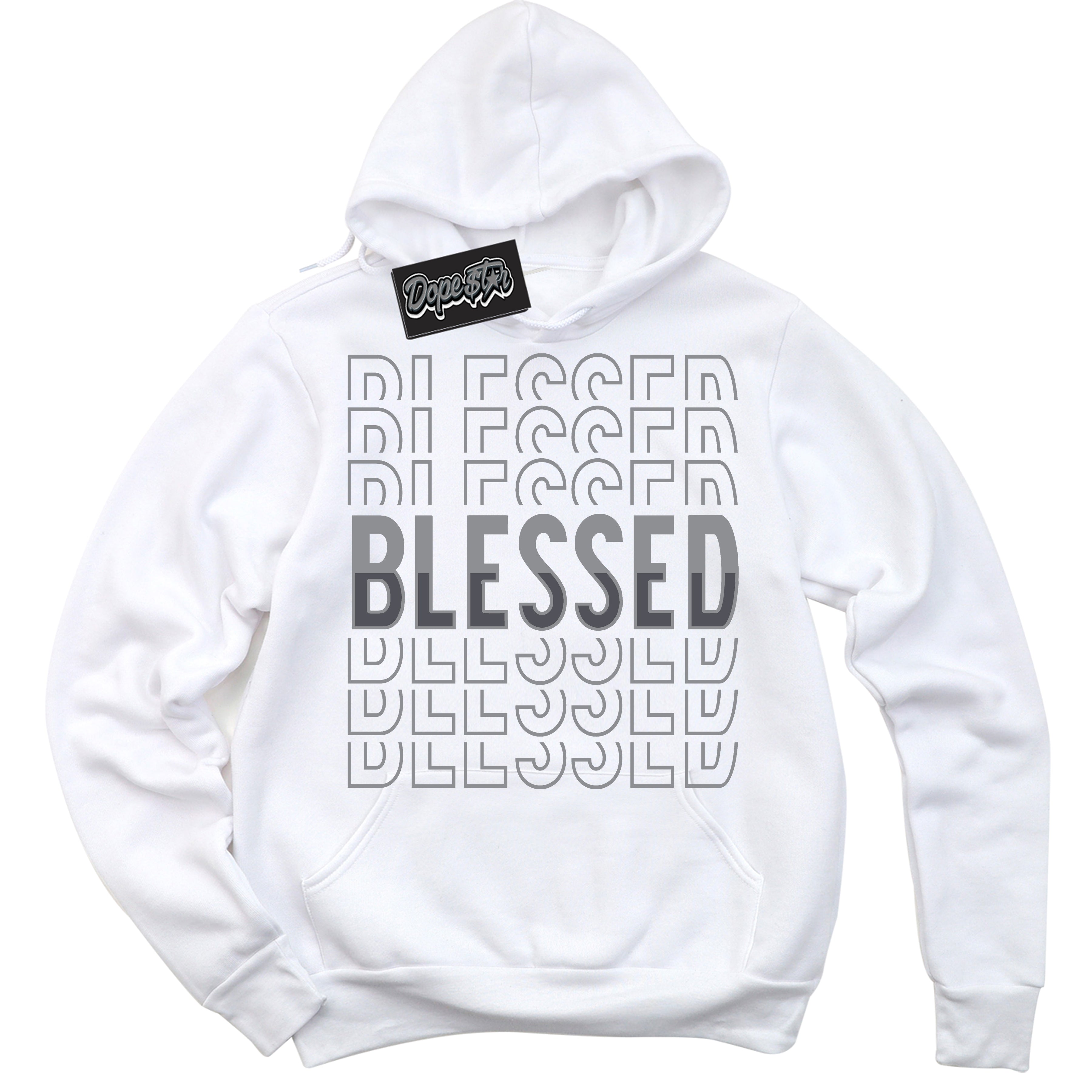 Cool White Hoodie with “ Blessed Stacked ”  design that Perfectly Matches Paris Olympics Wet Cement 4s Jordans.