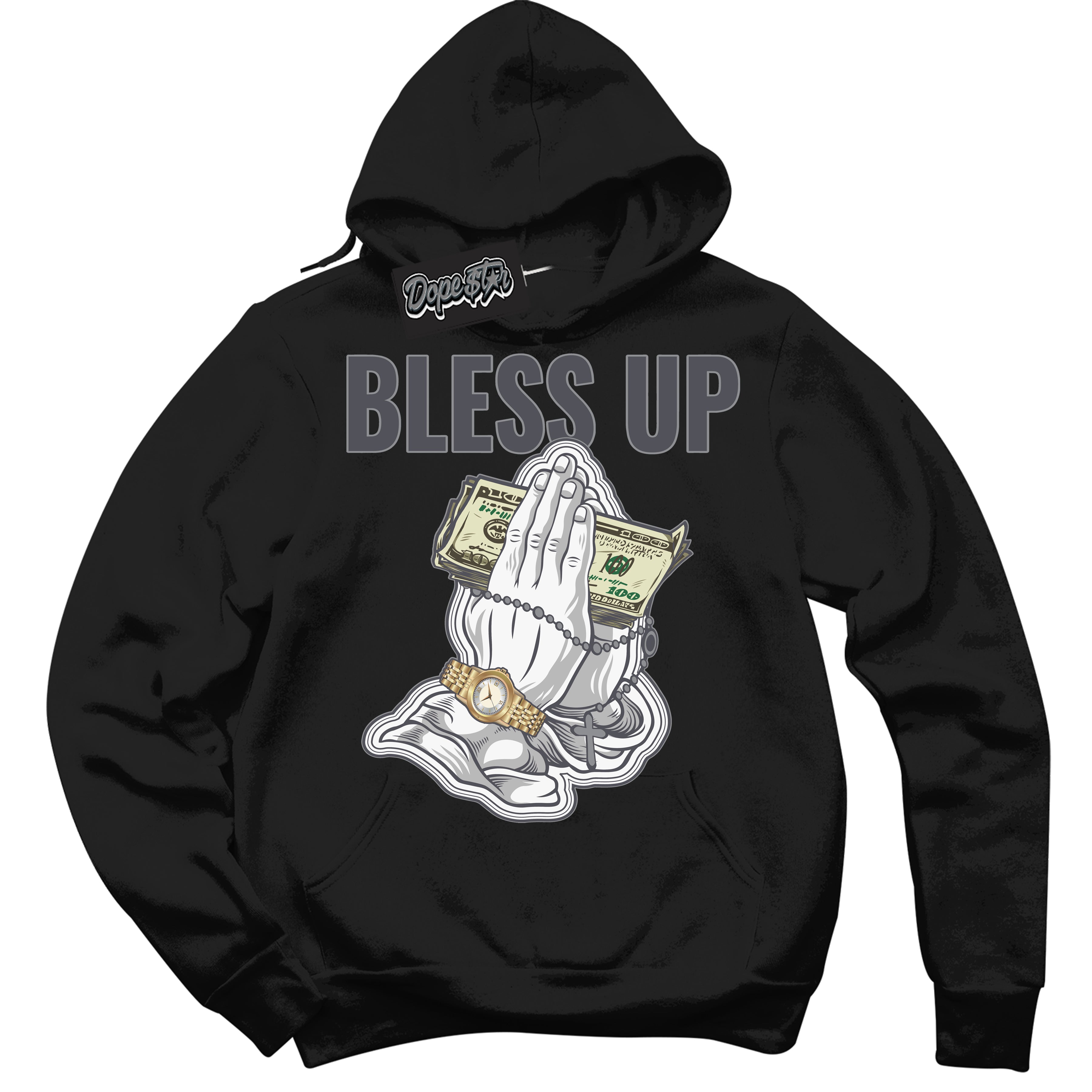 Cool Black Hoodie with “ Bless Up ”  design that Perfectly Matches Paris Olympics Wet Cement 4s Jordans.