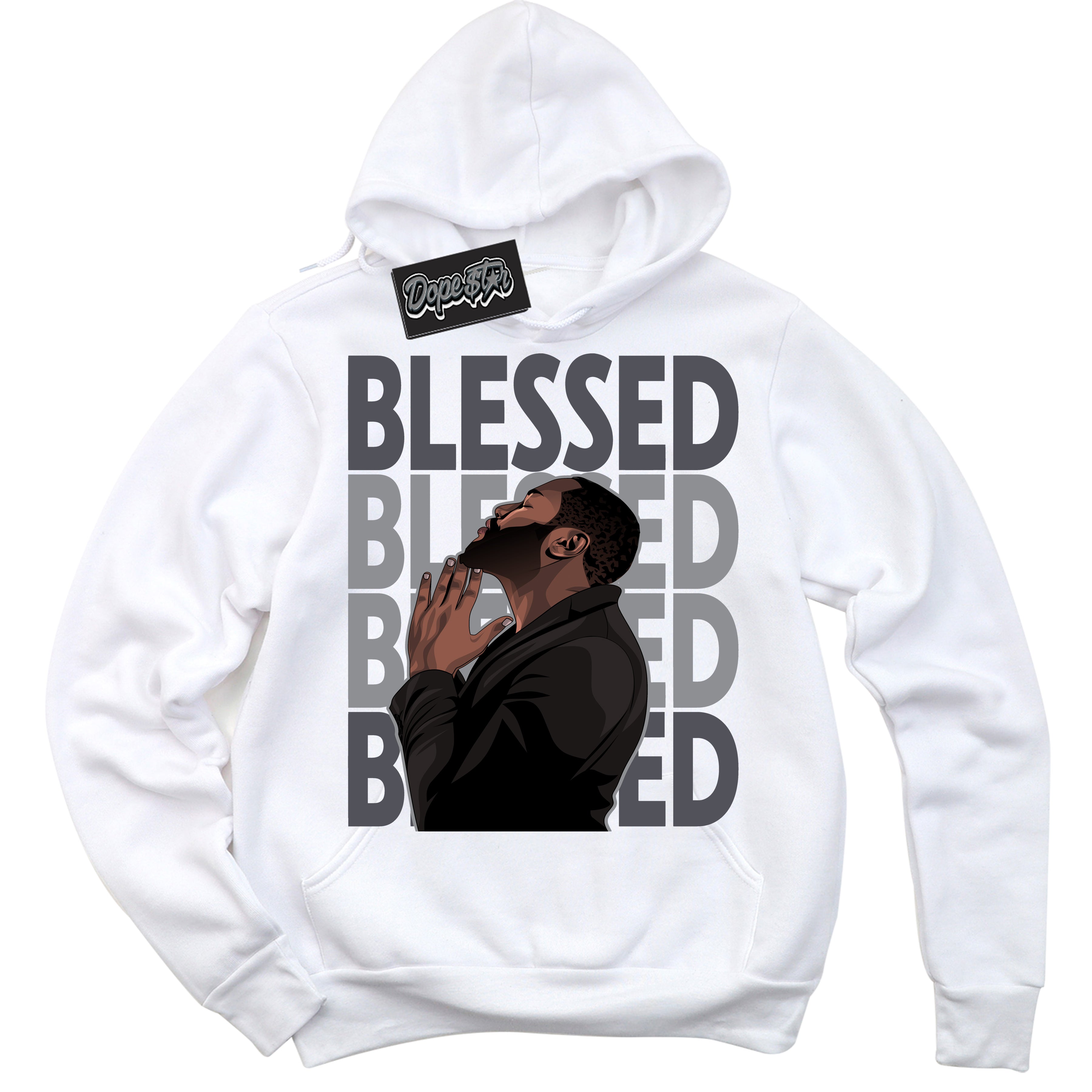 Cool White Hoodie with “ God Blessed ”  design that Perfectly Matches Paris Olympics Wet Cement 4s Jordans.