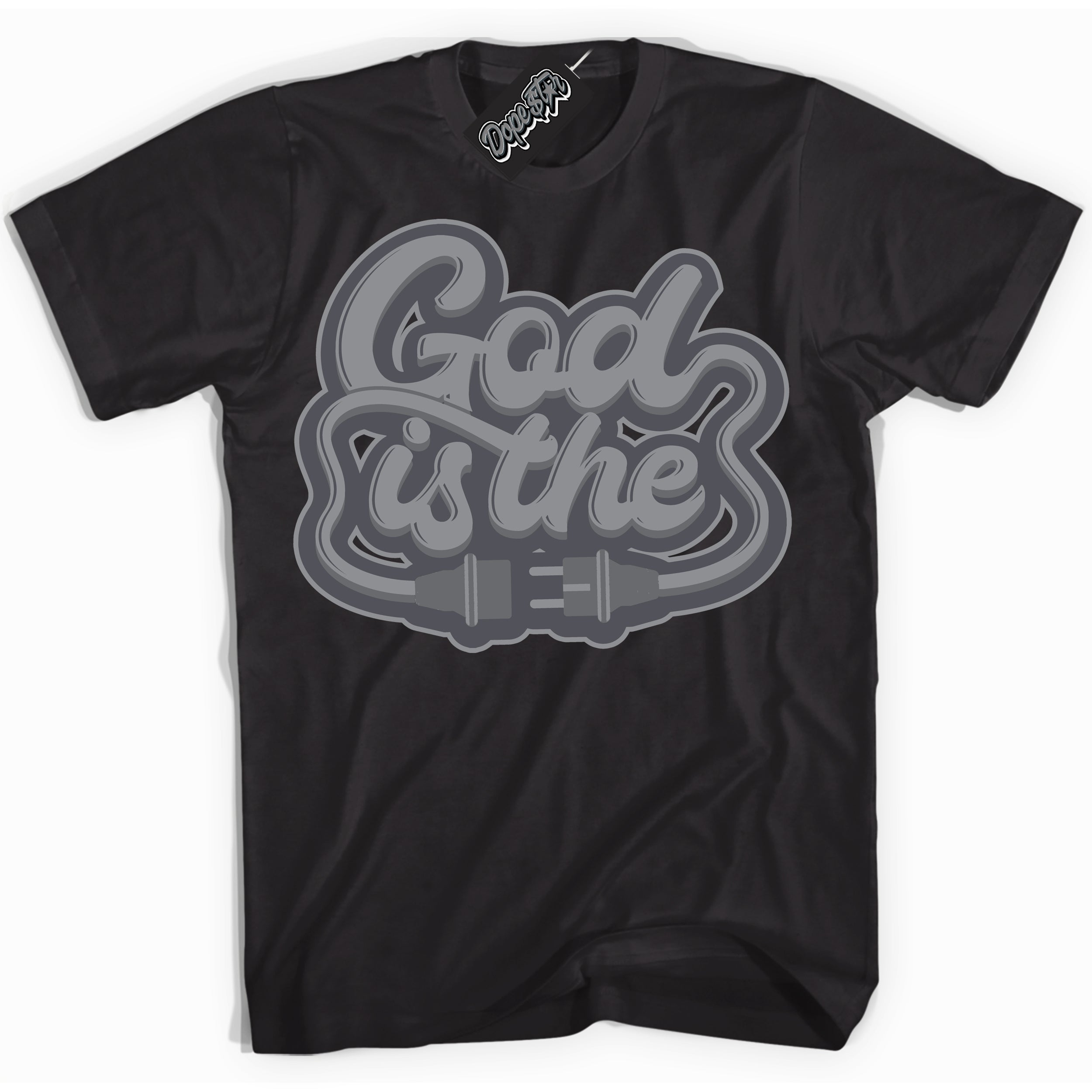 Cool Black Shirt with “ God Is The ” design that perfectly matches Paris Olympics Wet Cement 4s Jordans.