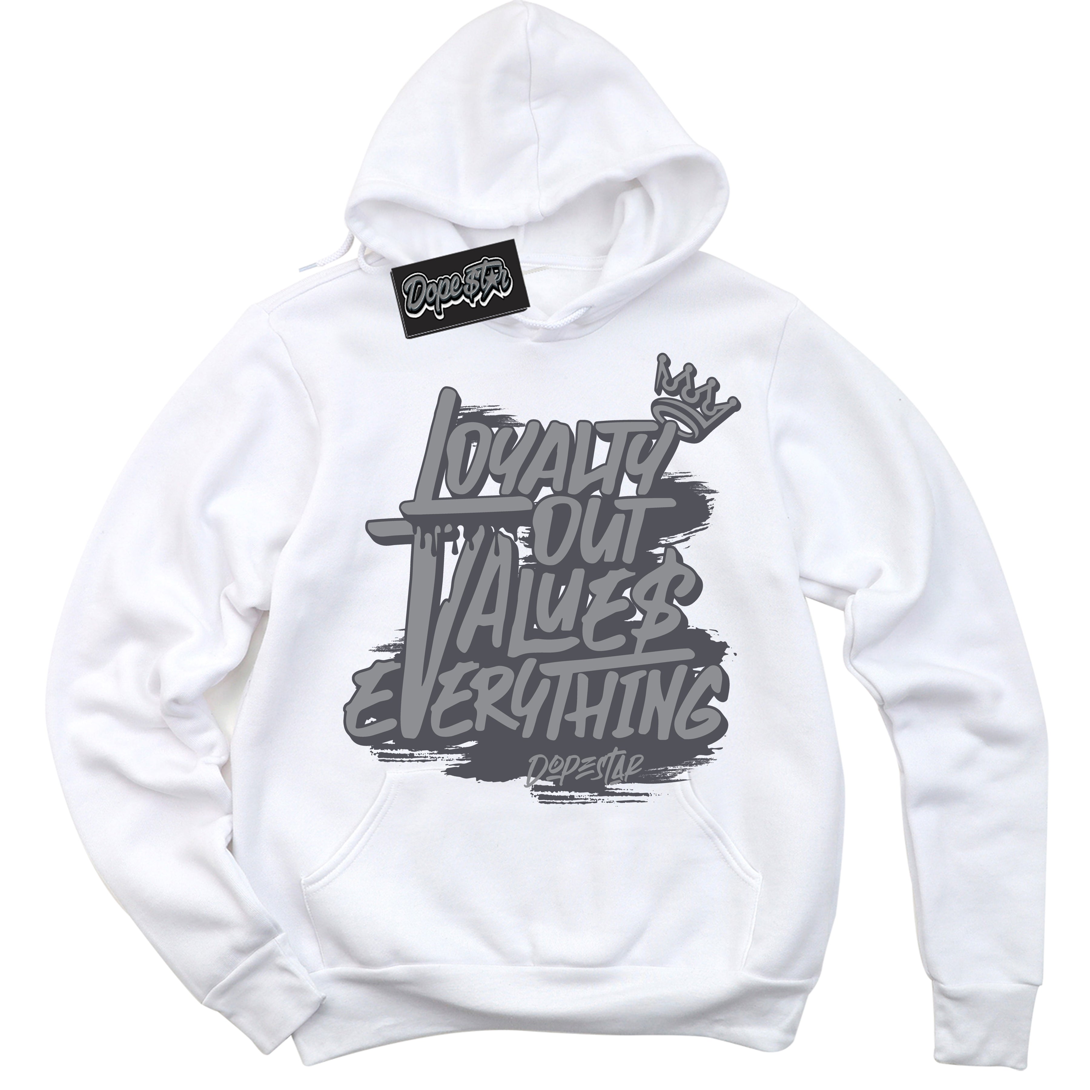 Cool White Hoodie with “ Loyalty Out Values Everything ”  design that Perfectly Matches Paris Olympics Wet Cement 4s Jordans.