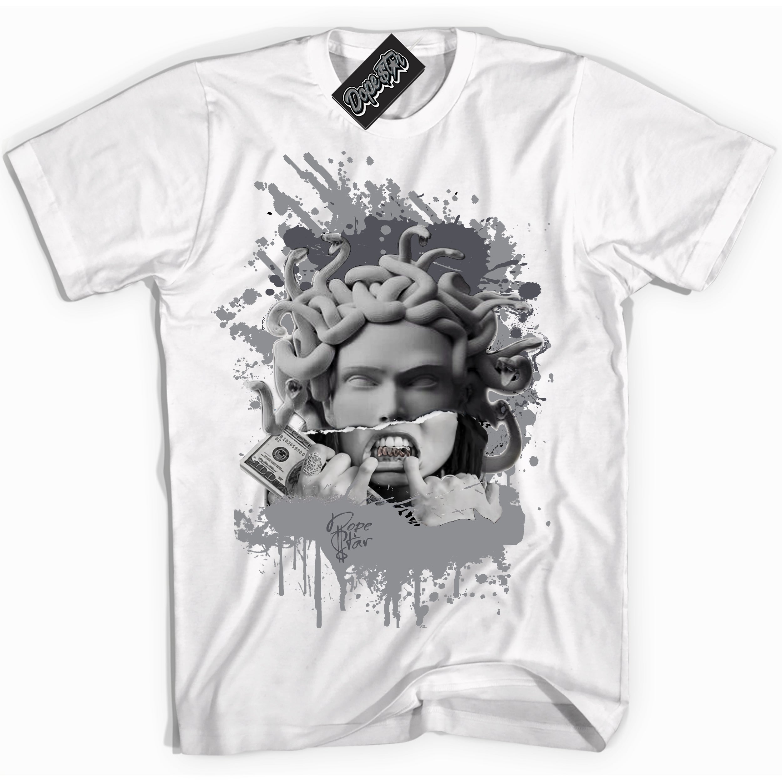 Cool White Shirt with “ Medusa ” design that perfectly matches Paris Olympics Wet Cement 4s Jordans.