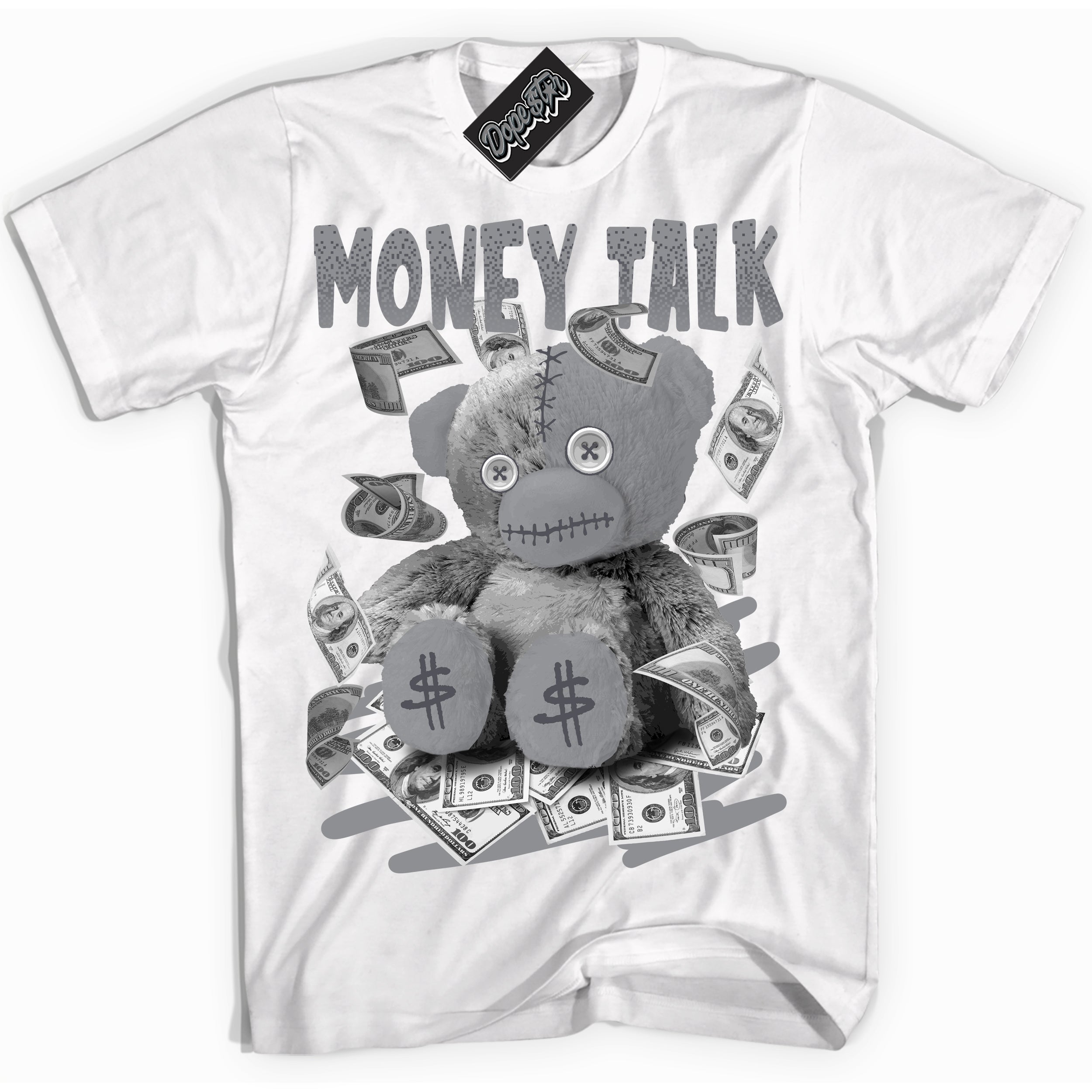 Cool White Shirt with “ Money Talk Bear ” design that perfectly matches Paris Olympics Wet Cement 4s Jordans.