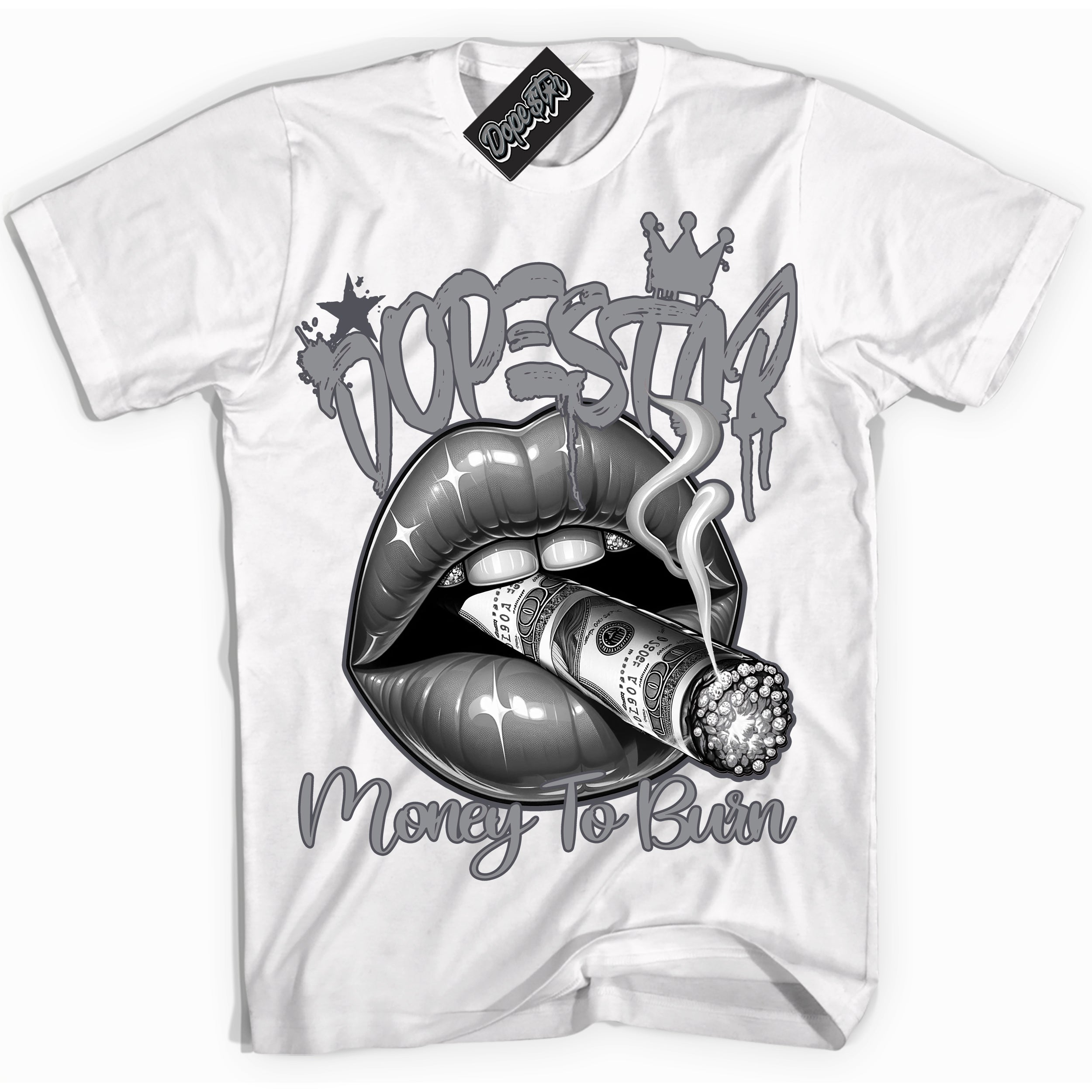 Cool White Shirt with “ Money To Burn ” design that perfectly matches Paris Olympics Wet Cement 4s Jordans.