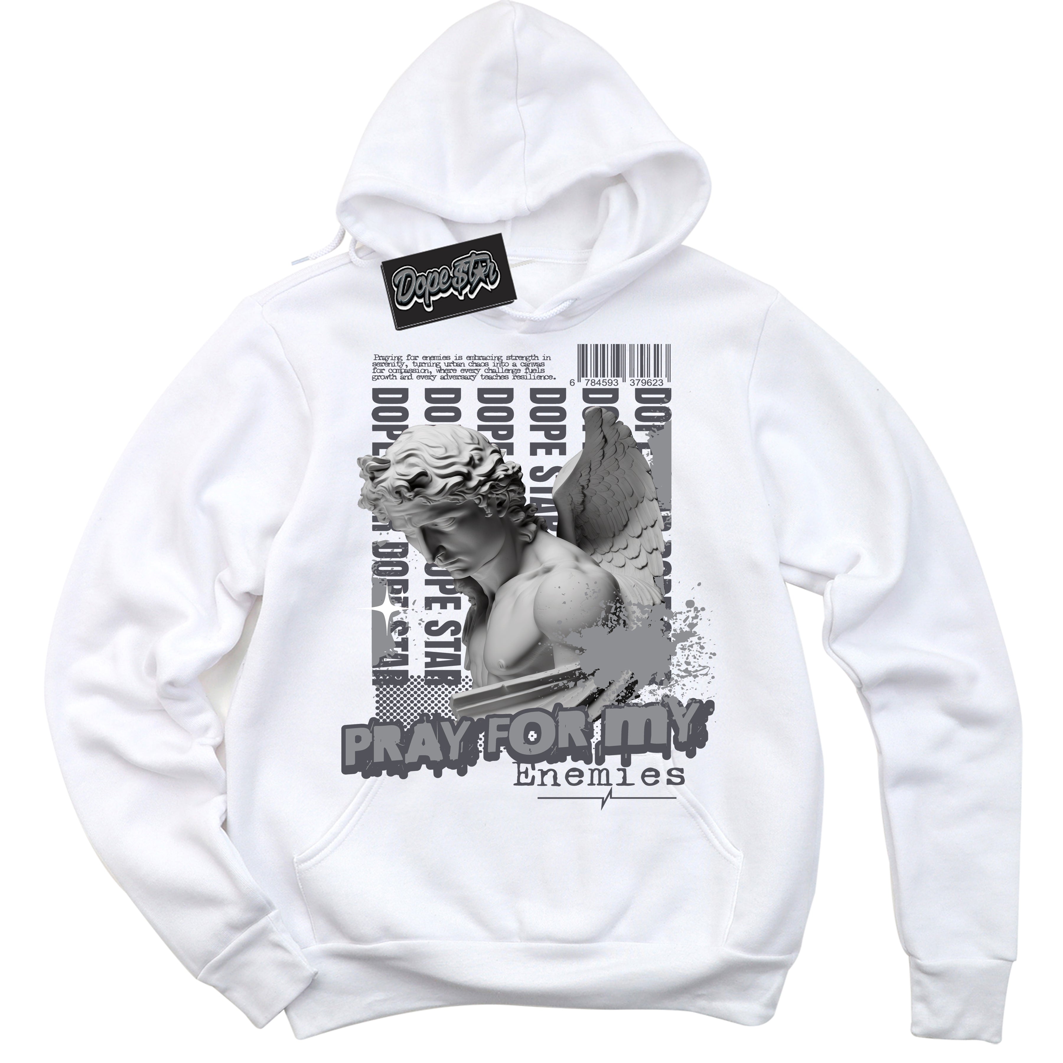 Cool White Hoodie with “ Pray Enemies ”  design that Perfectly Matches Paris Olympics Wet Cement 4s Jordans.
