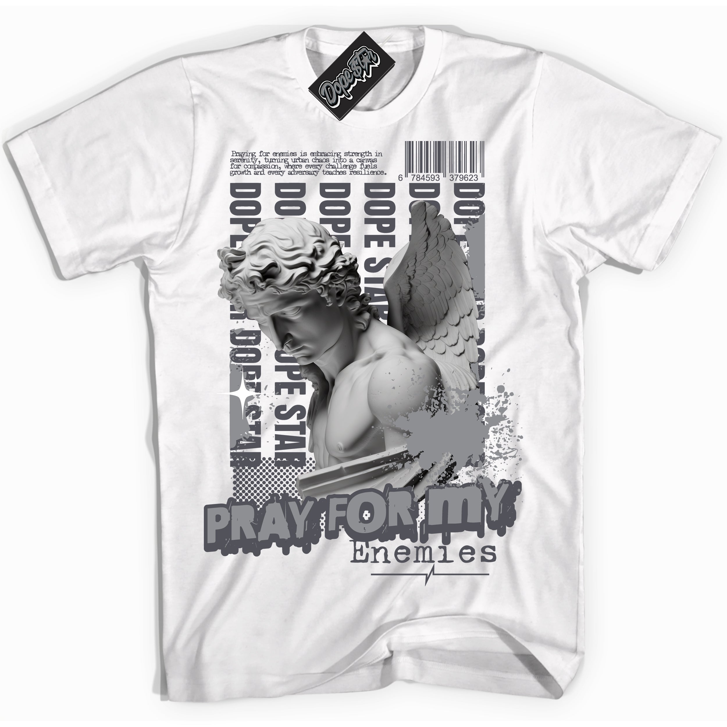 Cool White Shirt with “ Pray Enemies ” design that perfectly matches Paris Olympics Wet Cement 4s Jordans.