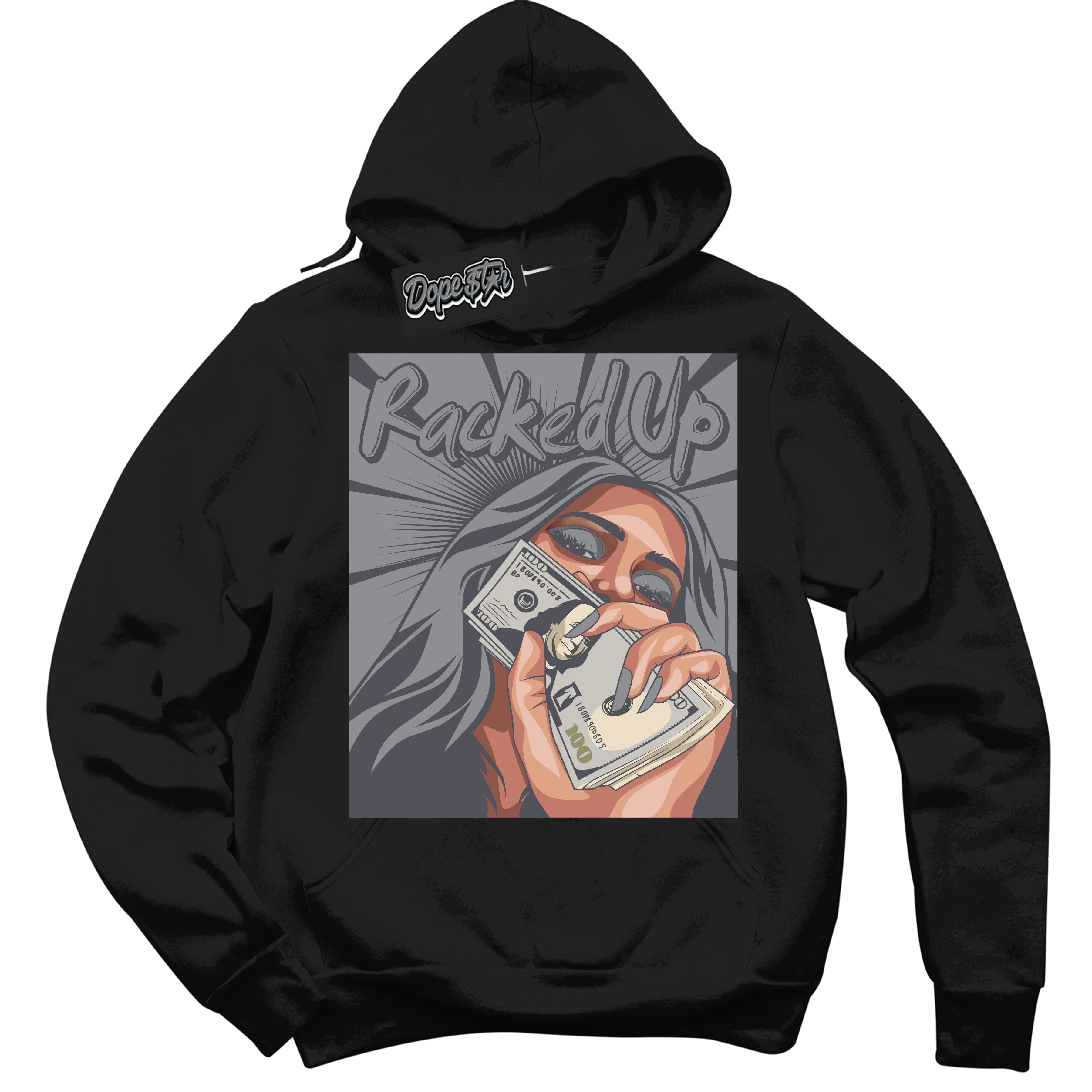 Cool Black Hoodie with “ Racked Up ”  design that Perfectly Matches Paris Olympics Wet Cement 4s Jordans.