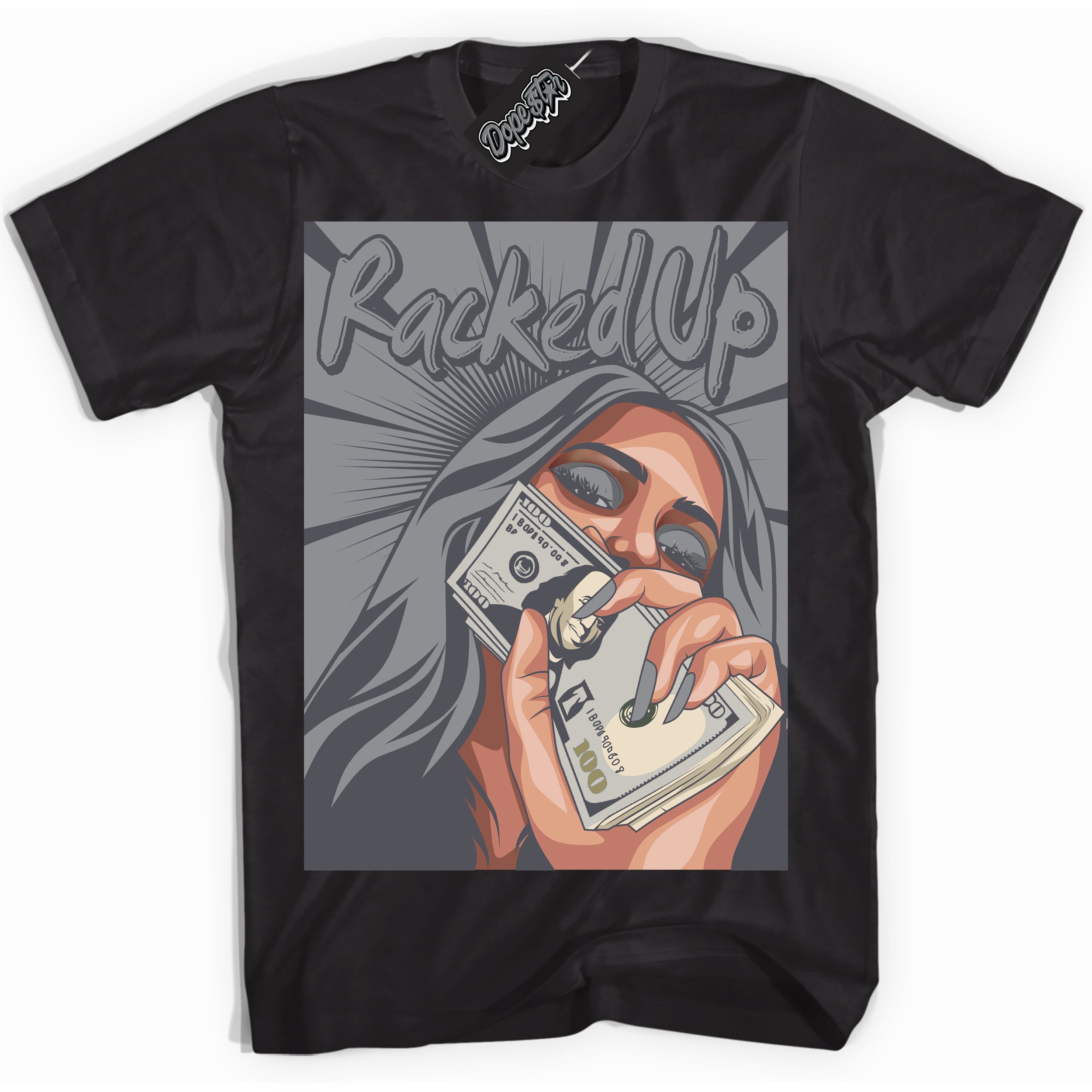 Cool Black Shirt with “ Racked Up ” design that perfectly matches Paris Olympics Wet Cement 4s Jordans.