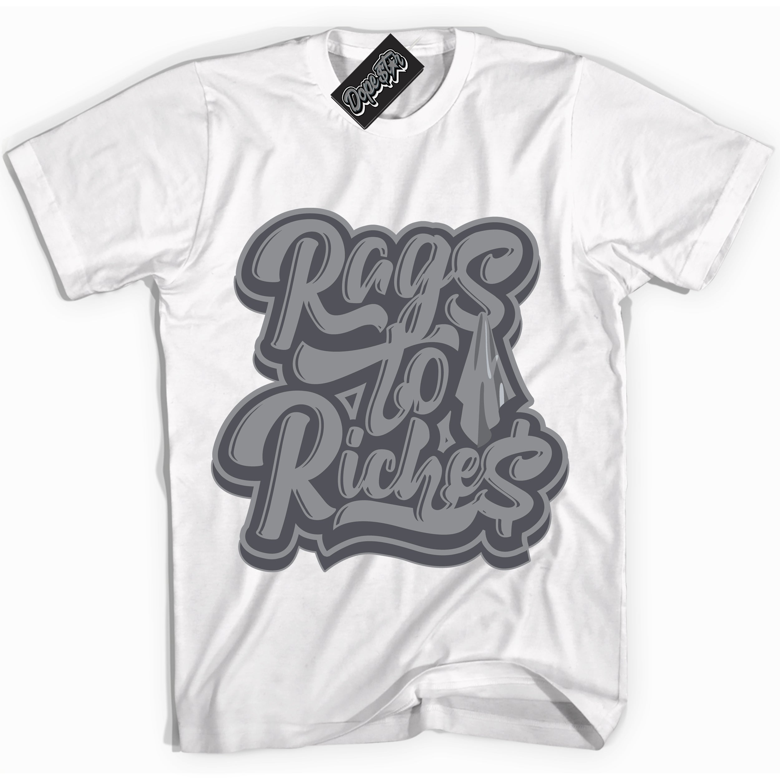Cool White Shirt with “ Rags To Riches ” design that perfectly matches Paris Olympics Wet Cement 4s Jordans.