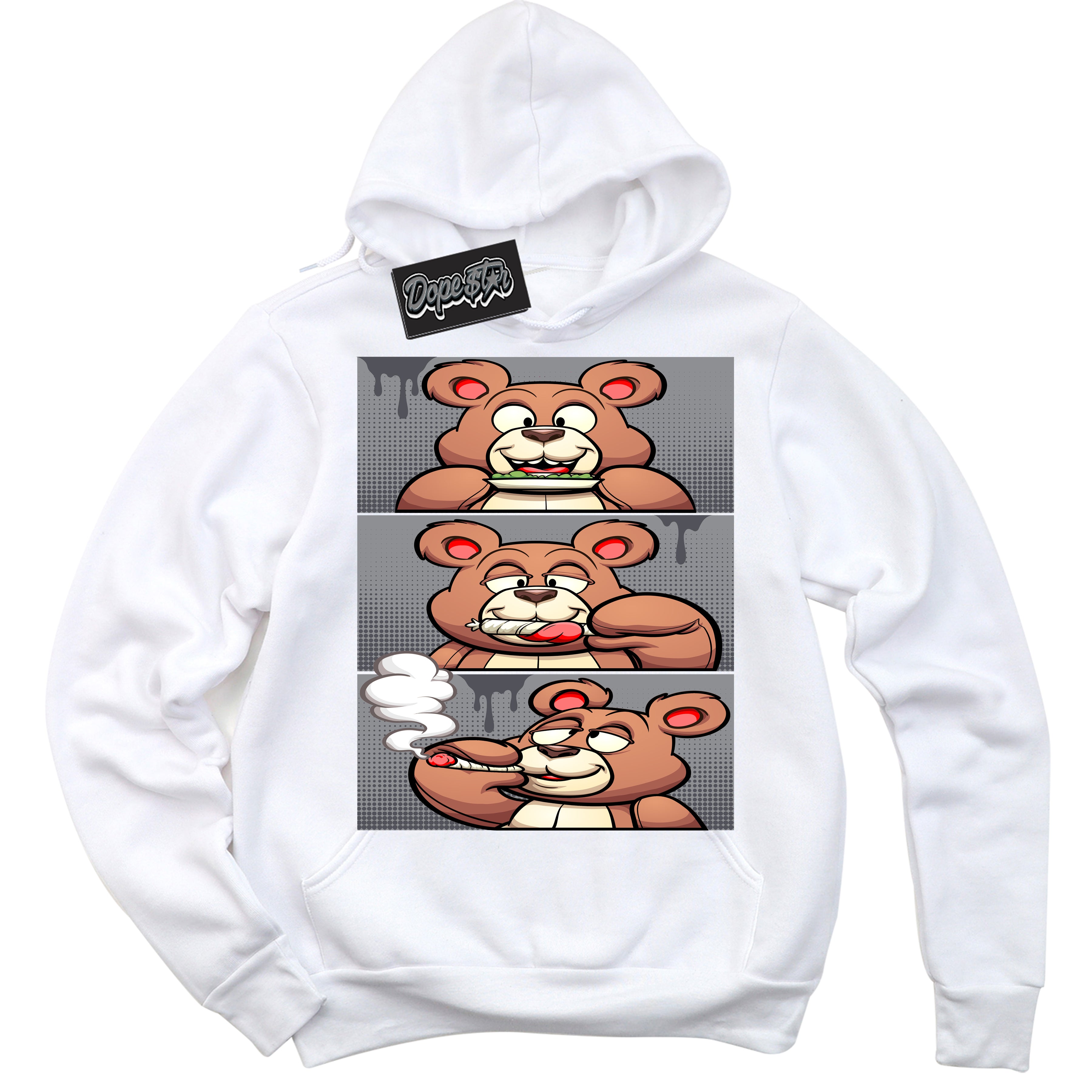 Cool White Hoodie with “ Roll It Lick It Smoke It Bear ”  design that Perfectly Matches Paris Olympics Wet Cement 4s Jordans.