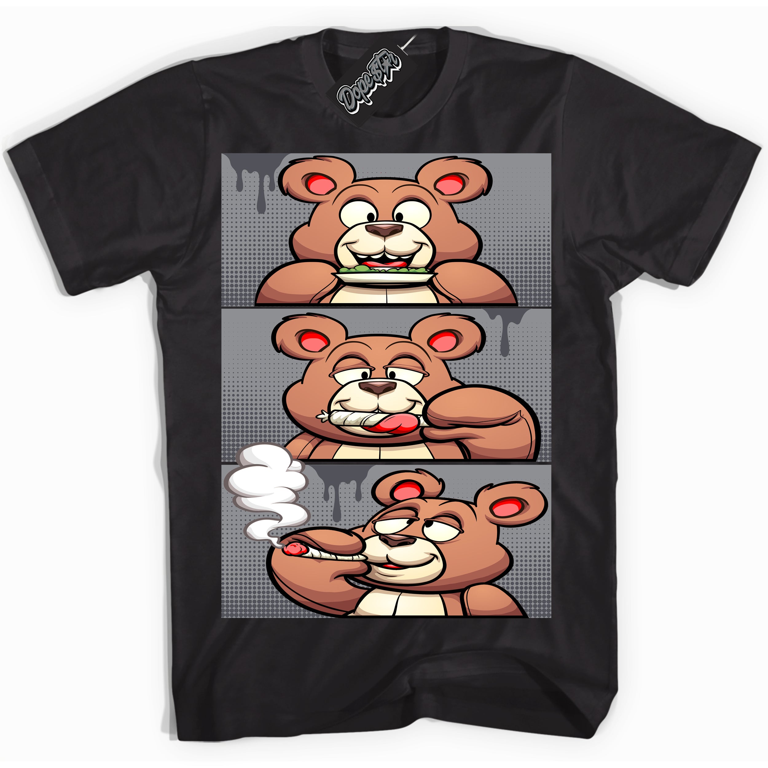 Cool Black Shirt with “ Roll It Lick It Smoke It Bear ” design that perfectly matches Paris Olympics Wet Cement 4s Jordans.