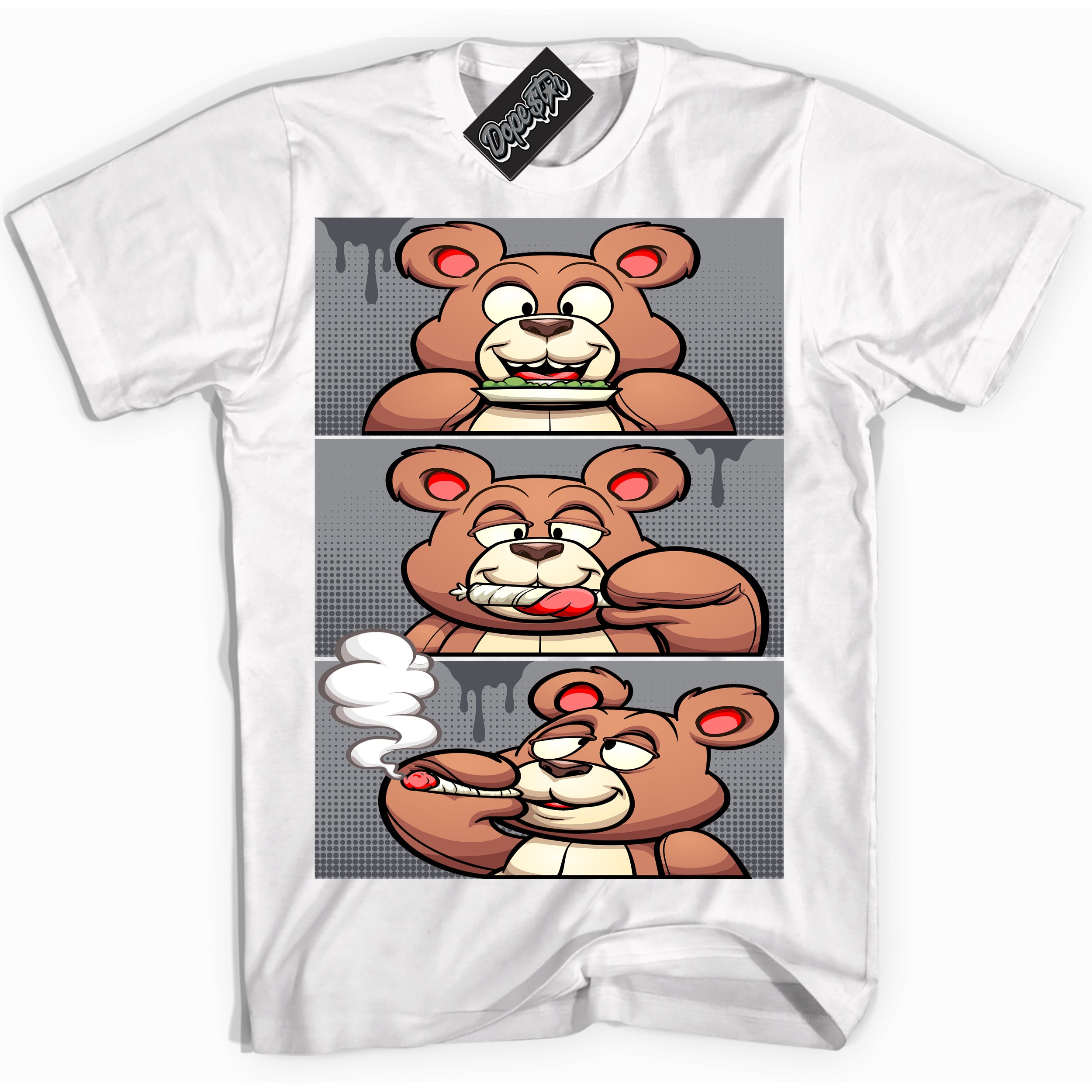 Cool White Shirt with “ Roll It Lick It Smoke It Bear ” design that perfectly matches Paris Olympics Wet Cement 4s Jordans.