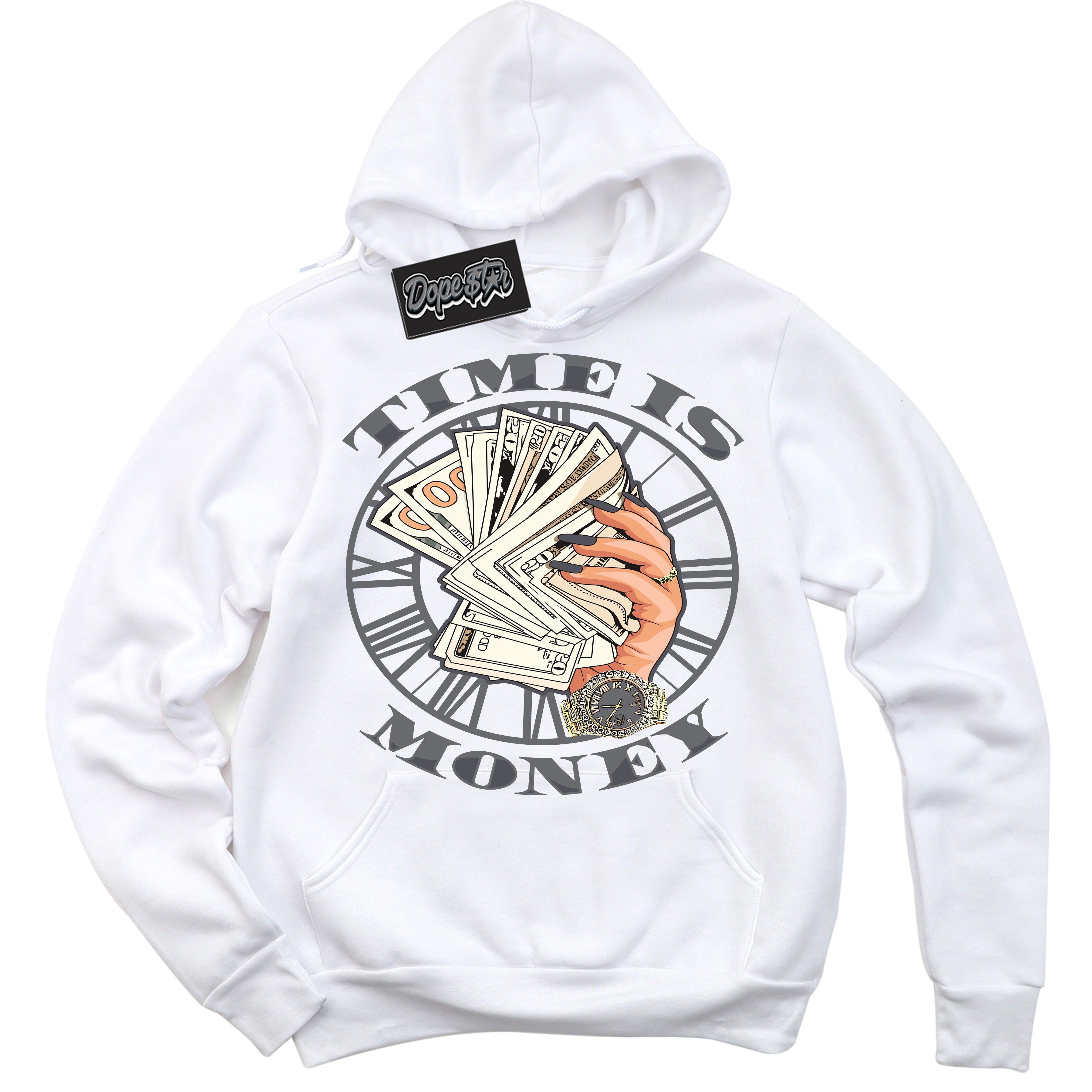 Cool White Hoodie with “ Time Is Money ”  design that Perfectly Matches Paris Olympics Wet Cement 4s Jordans.