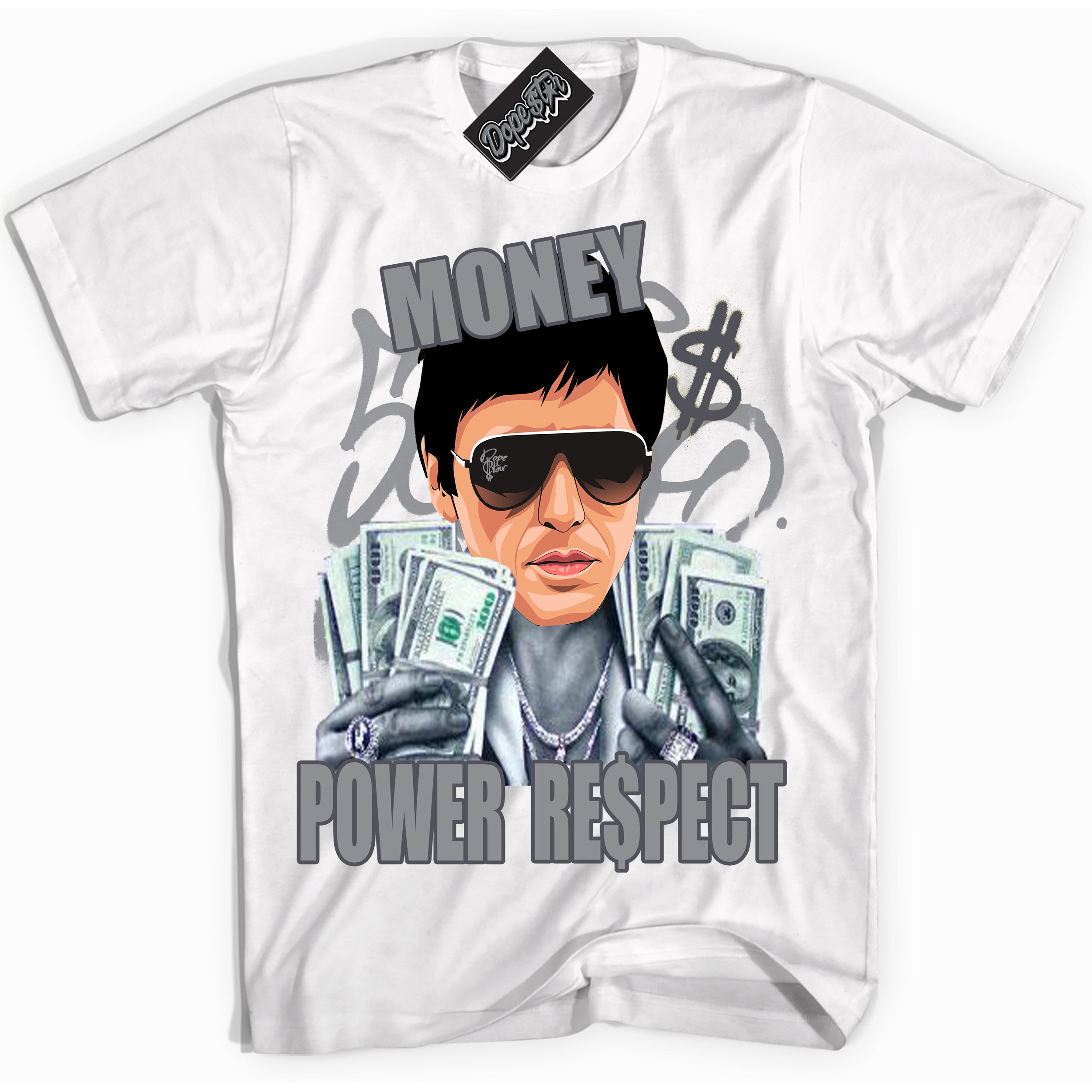 Cool White Shirt with “ Tony Montana ” design that perfectly matches Paris Olympics Wet Cement 4s Jordans.