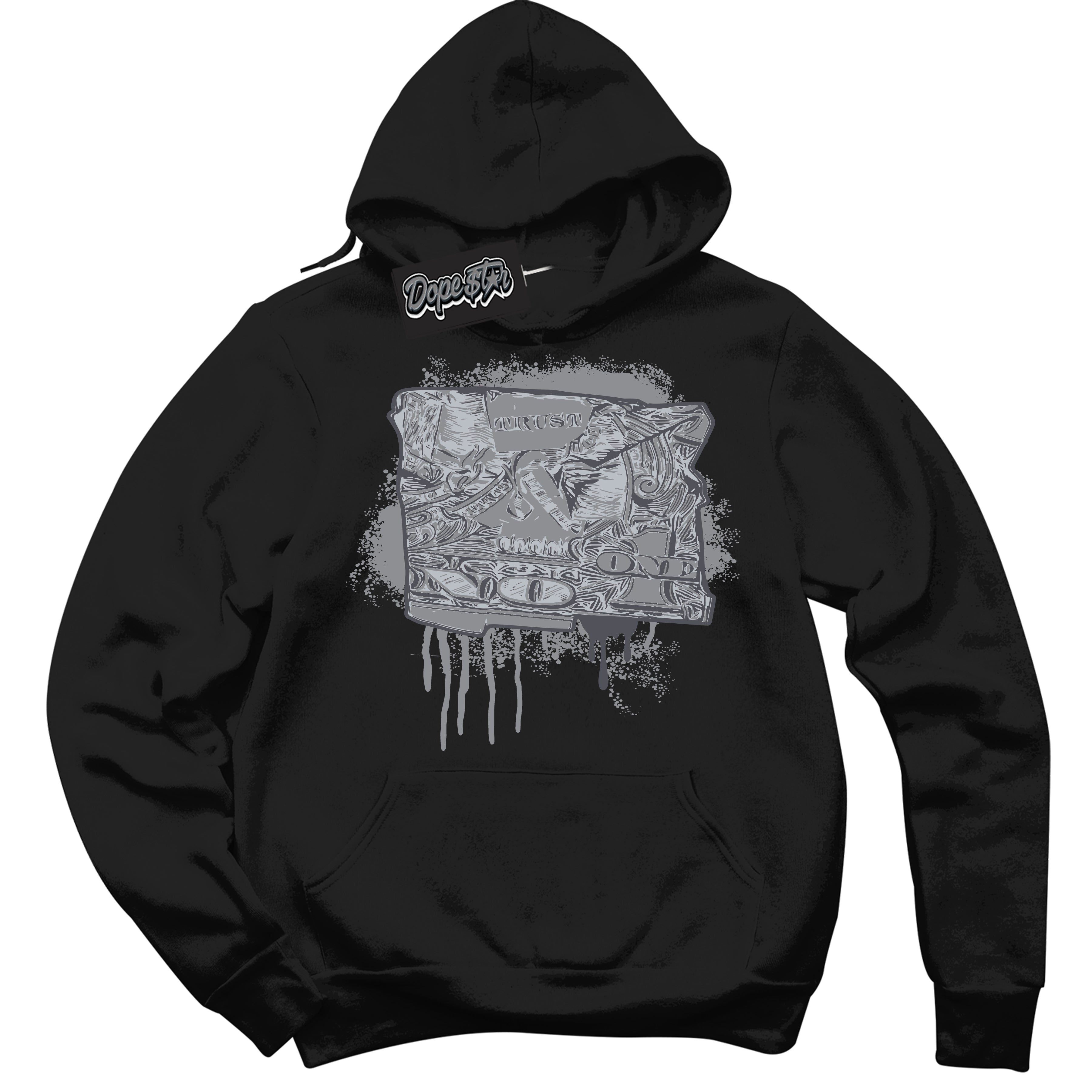 Cool Black Hoodie with “ Trust No One Dollar ”  design that Perfectly Matches Paris Olympics Wet Cement 4s Jordans.