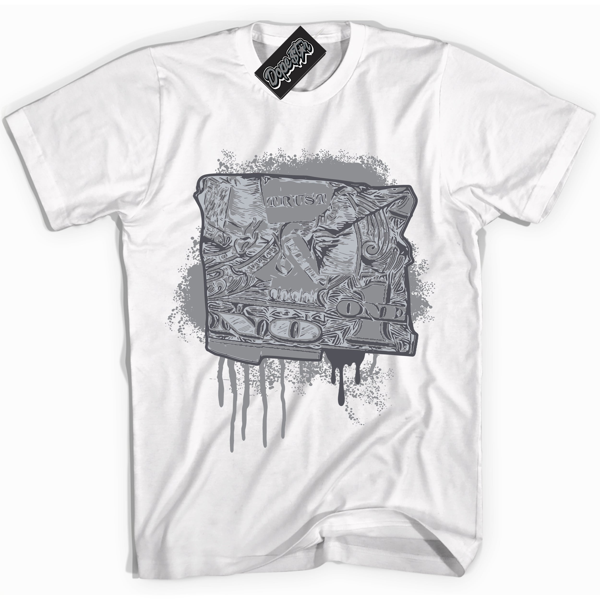 Cool White Shirt with “ Trust No One Dollar ” design that perfectly matches Paris Olympics Wet Cement 4s Jordans.