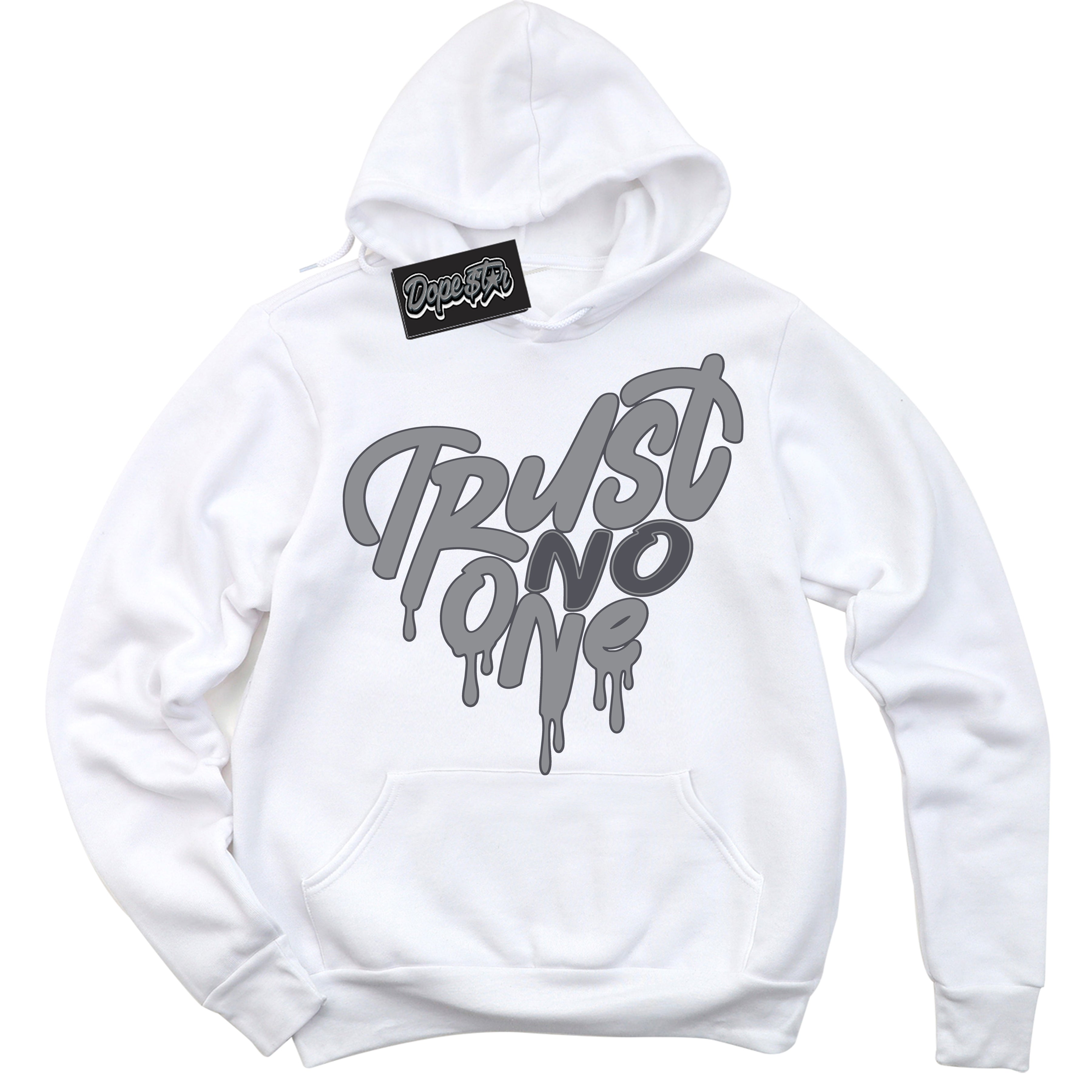 Cool White Hoodie with “ Trust No One Heart ”  design that Perfectly Matches Paris Olympics Wet Cement 4s Jordans.