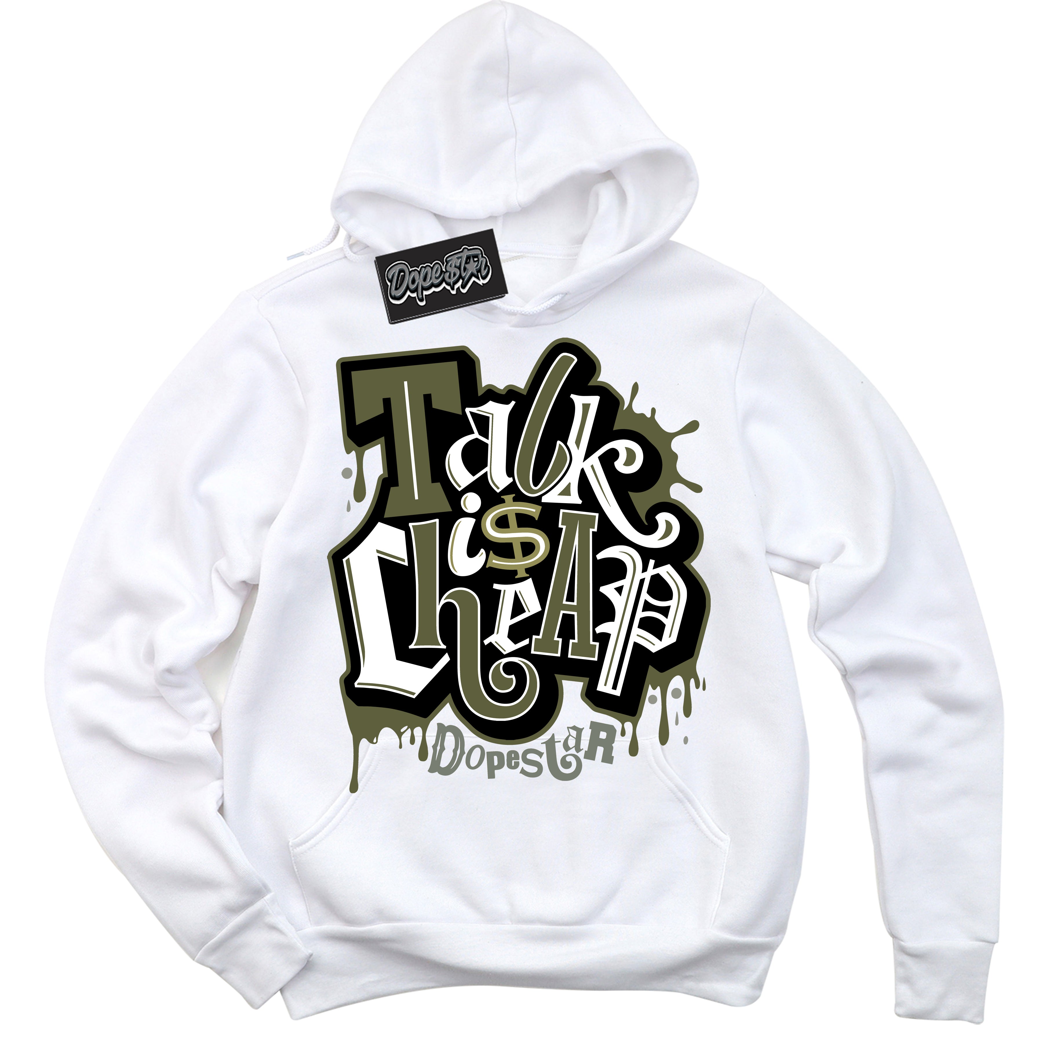 Cool White Hoodie with “ Talk Is Cheap ” design that Perfectly Matches Craft Olive 4s Sneakers.