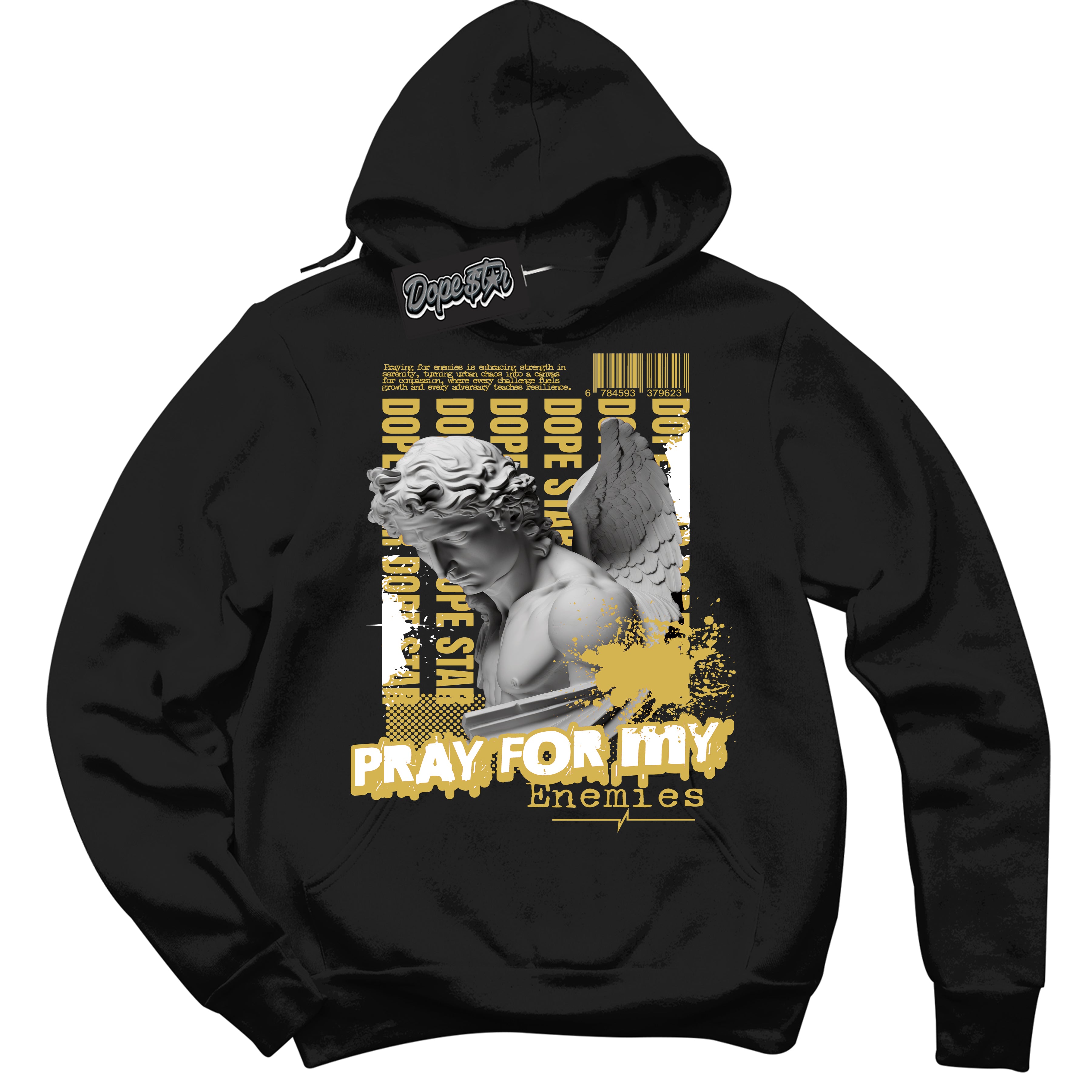 Cool Black Hoodie with “ Pray Enemies ”  design that Perfectly Matches Metallic Gold 4s Sneakers.