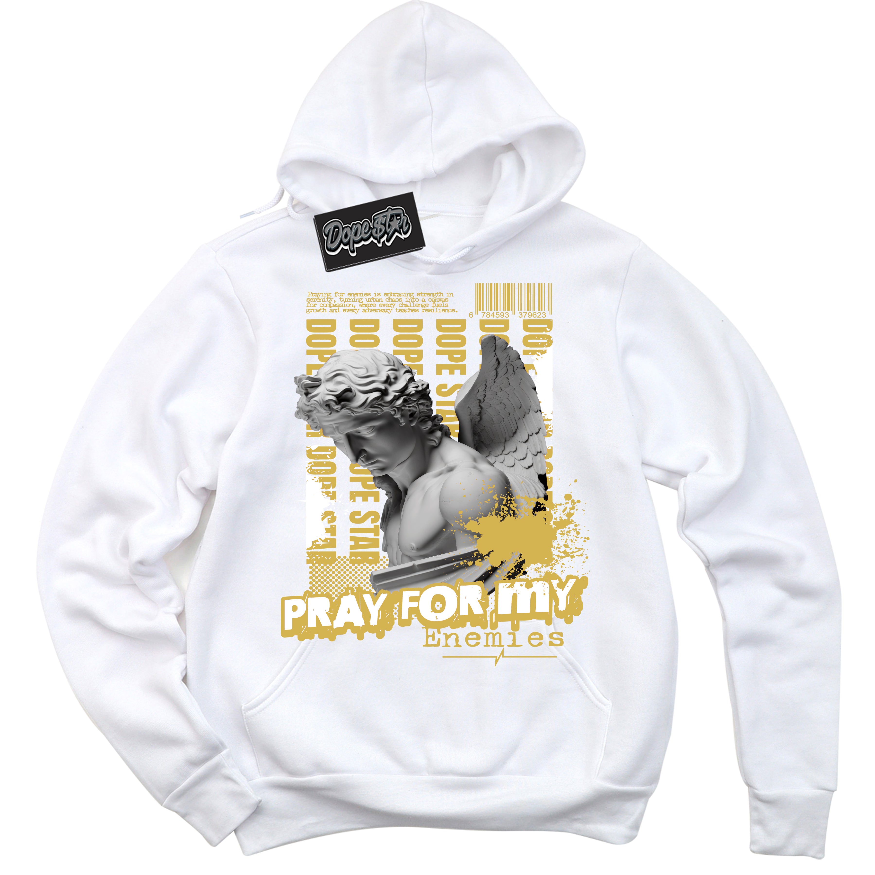 Cool White Hoodie with “ Pray Enemies ”  design that Perfectly Matches Metallic Gold 4s Sneakers.