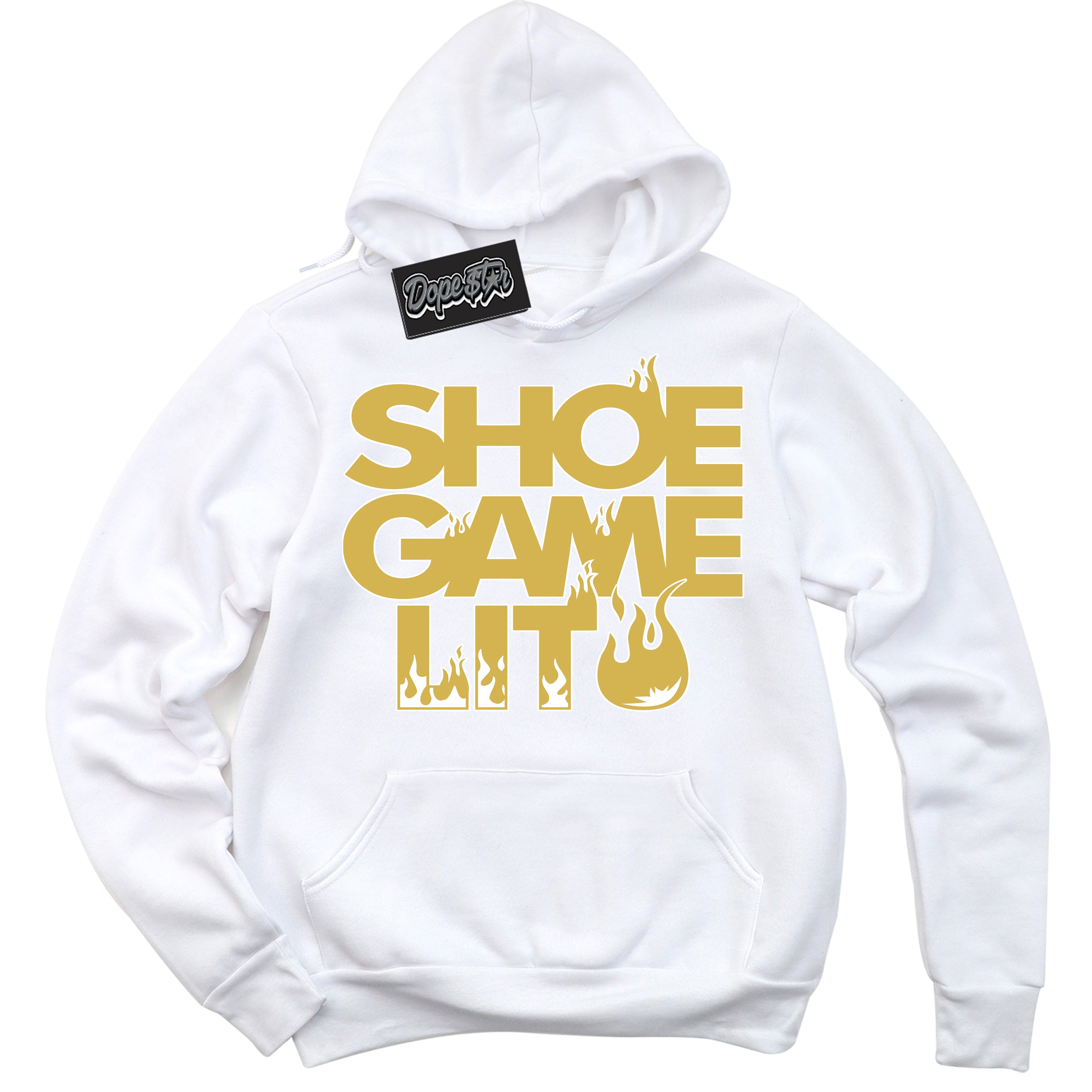 Cool White Hoodie with “ Shoe Game Lit '' design that Perfectly Matches  Metallic Gold 4s Sneakers.