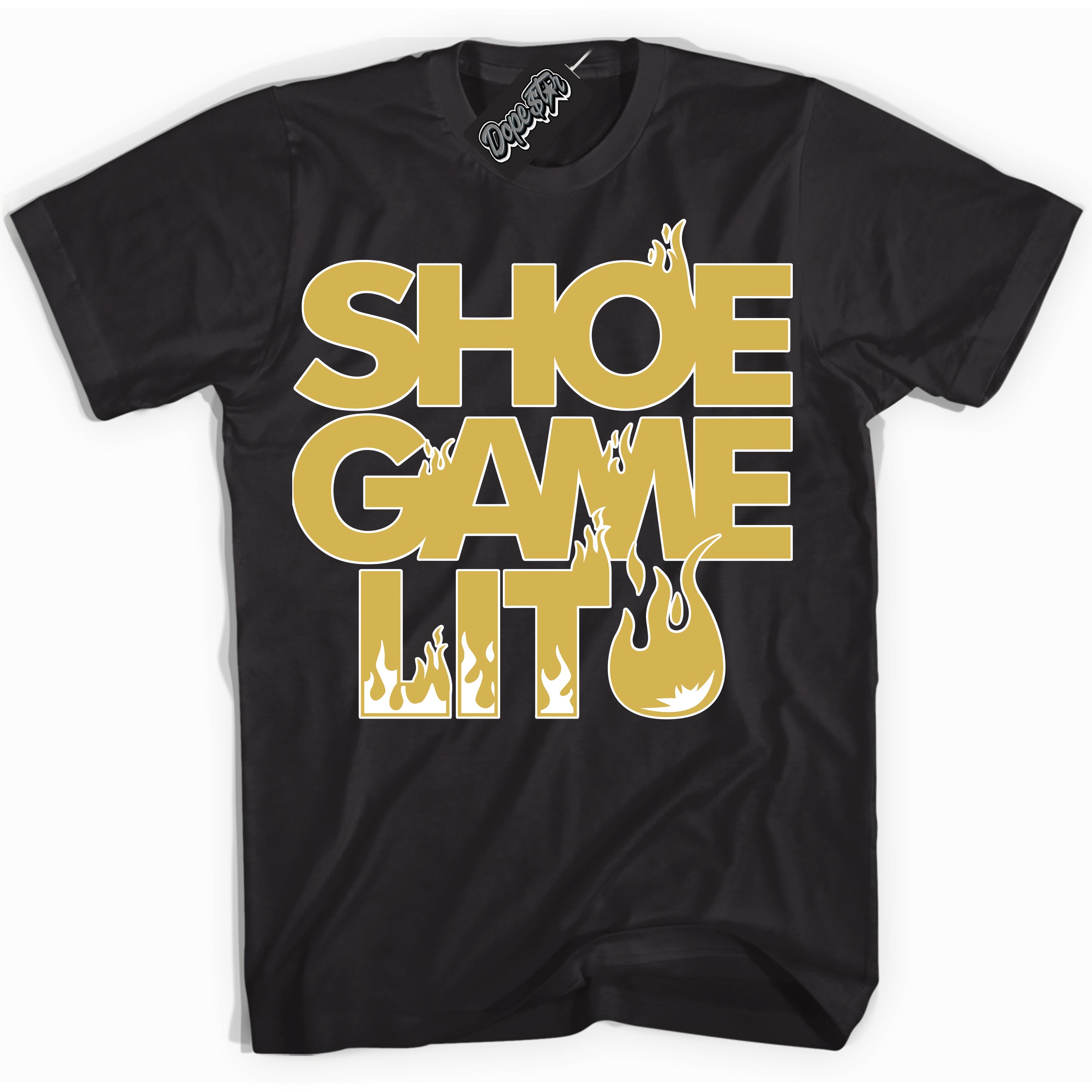 Cool Black Shirt with “ Shoe Game Lit ” design that perfectly matches Metallic Gold 4s Sneakers.