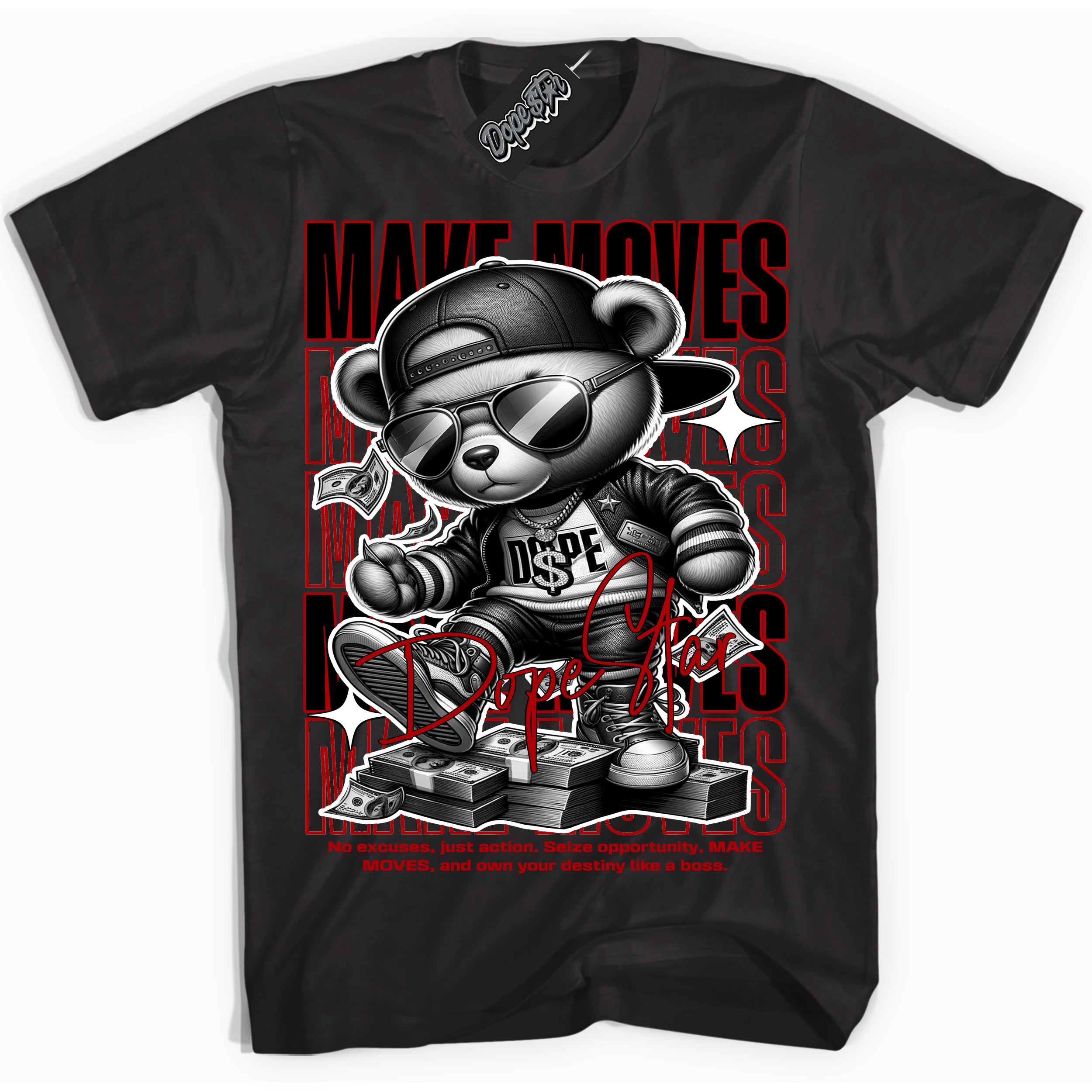 Cool Black Shirt with “ Makin Moves” design that perfectly matches Red Cement 4s Sneakers.